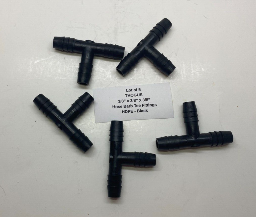 (Qty 5) THOGUS 3/8″ Barbed HDPE Tee Fittings (3/8″ x 3/8″ x 3/8″) – Black –