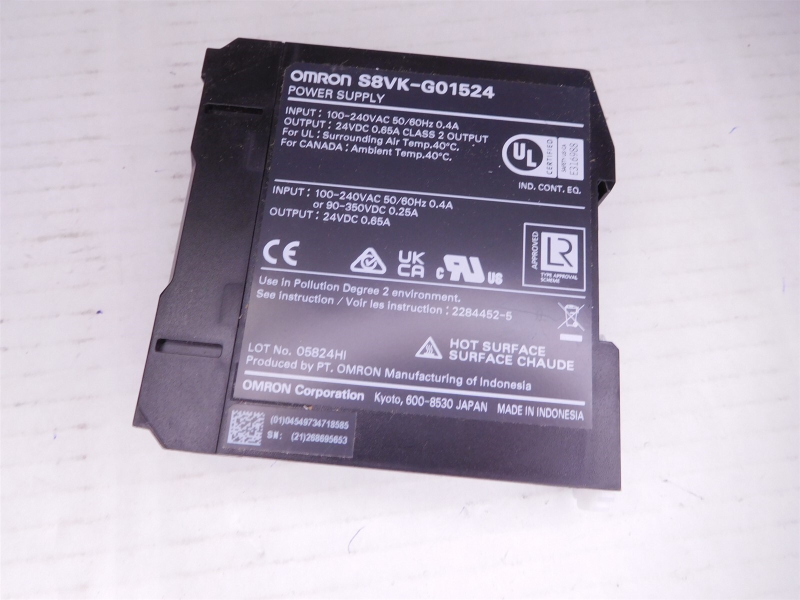 Omron S8VK-G01524 Switch Mode Power Supply 100-240VAC In, 24VDC 0.65A (062425)