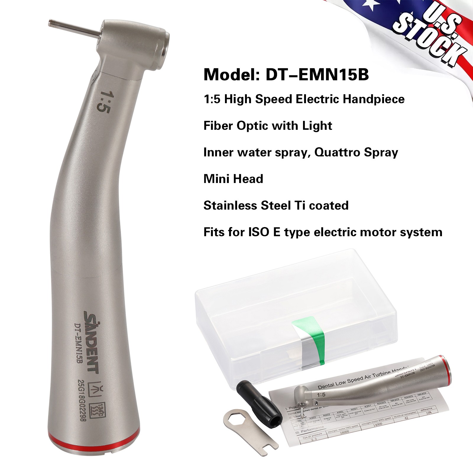 DT Dental 1:5 Mini Head Fiber Optic Contra Angle Handpiece LED Stainless Steel