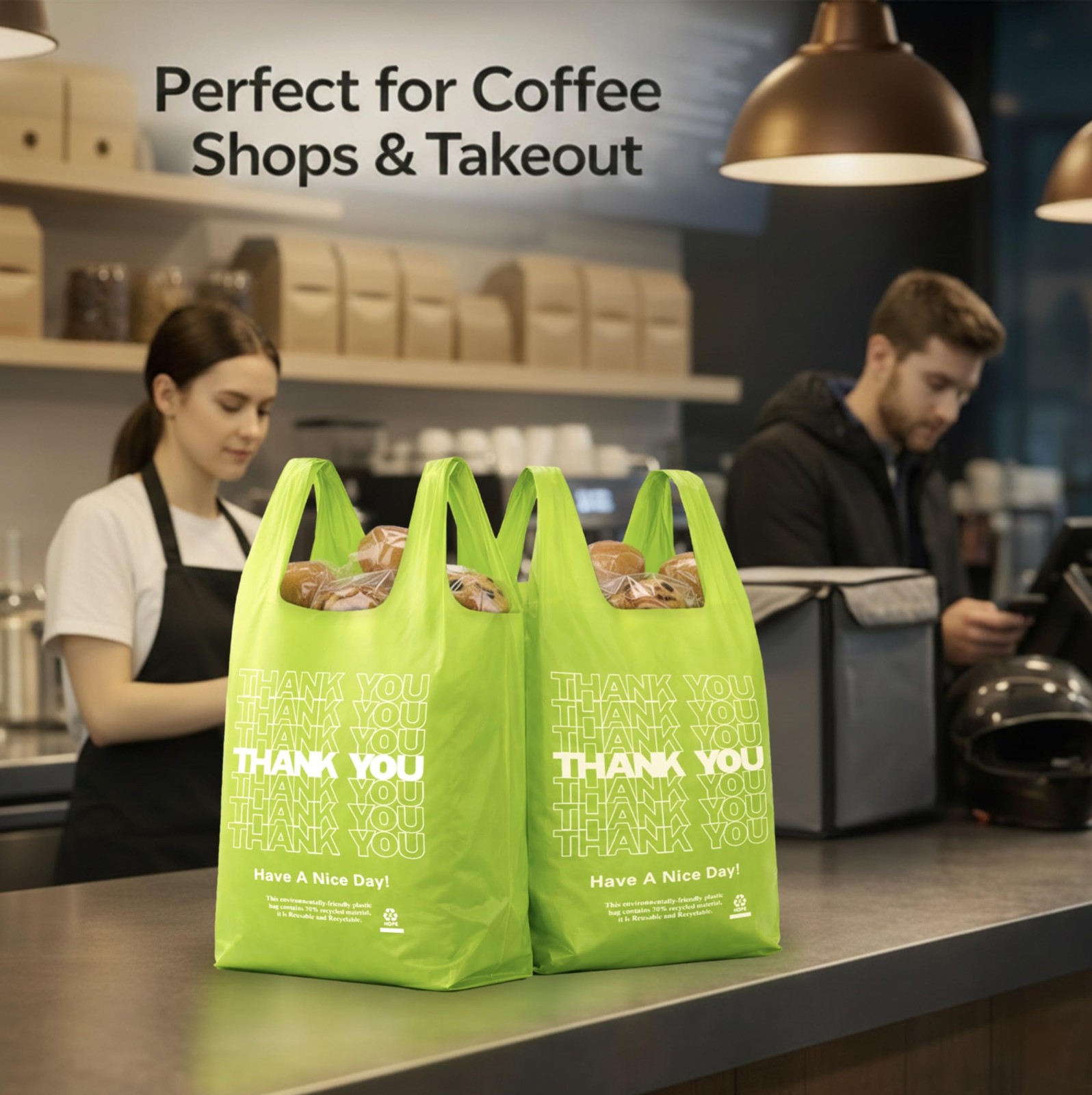 YoYoRain 100 Pack “Thank You” T-Shirt Bags – Green Plastic Large,