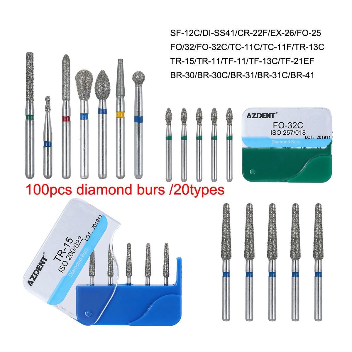 100pcs AZDENT Dental Diamond Burs for High Speed Handpiece Medium 20Models