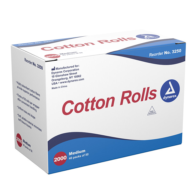 DYNAREX Cotton Rolls, #2 Medium, Dynarex, 2000 Rolls/Box, 3250
