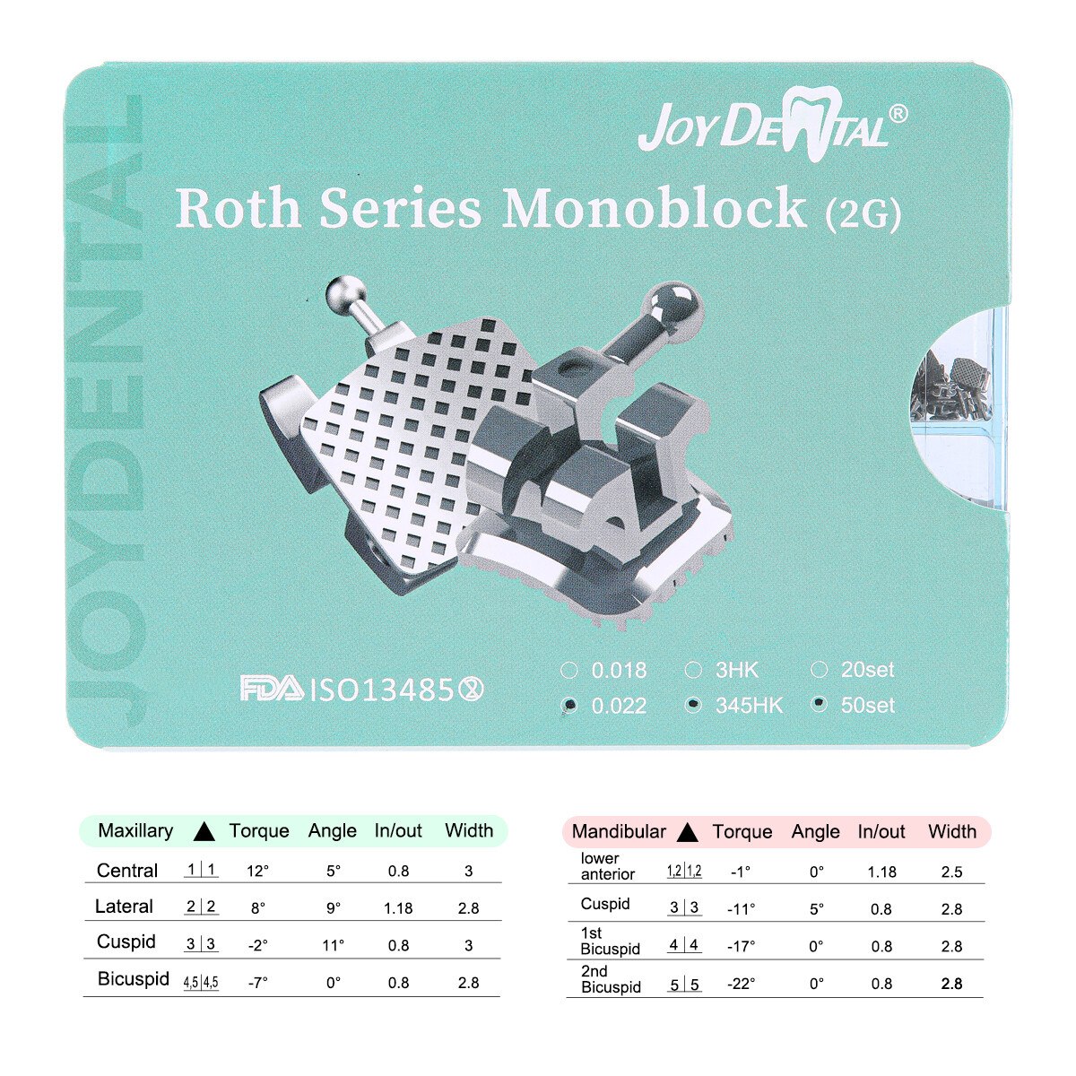 50 Set Dental Ortodoncia MIM Monoblock Brackets Brazes Roth MBT 022 Hooks 345