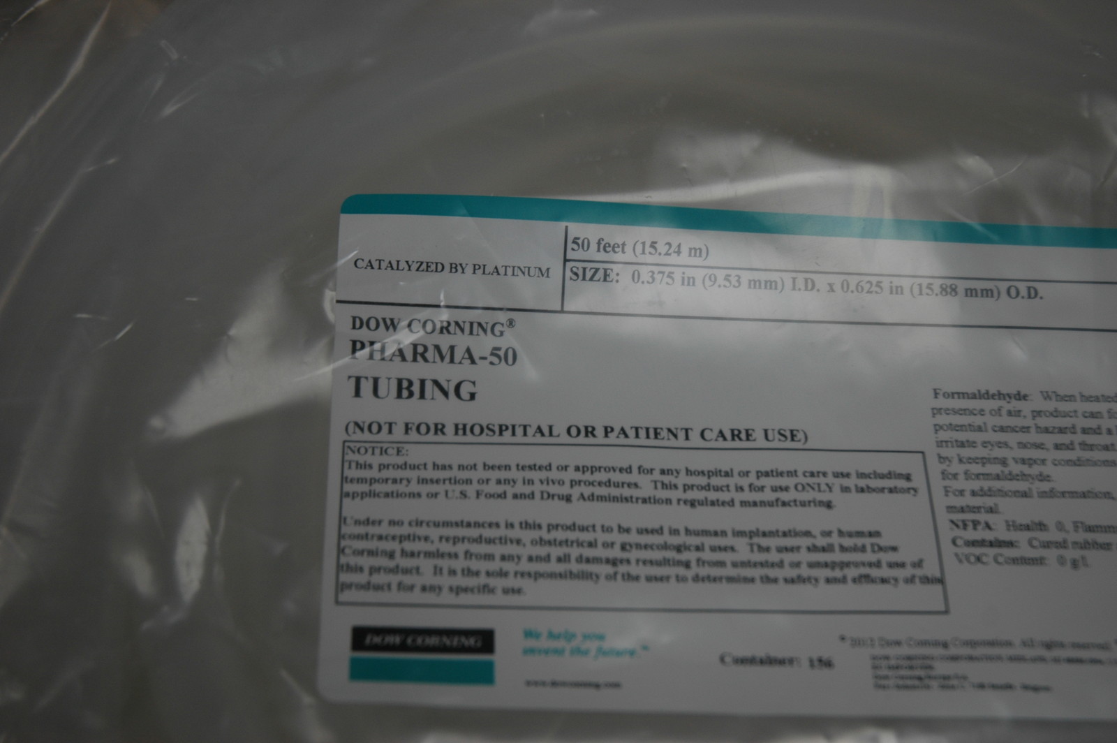 DOW CORNING PHARMA-50 TUBING 0.375 ID X.625 OD 50 FEET EXP 2015 NEW