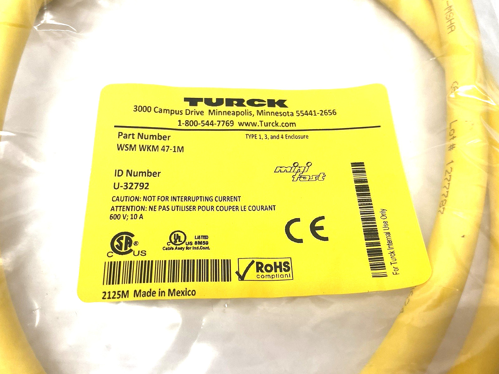 Turck WSM WKM 47-1M Minifast Double Ended Power Cable U-32792