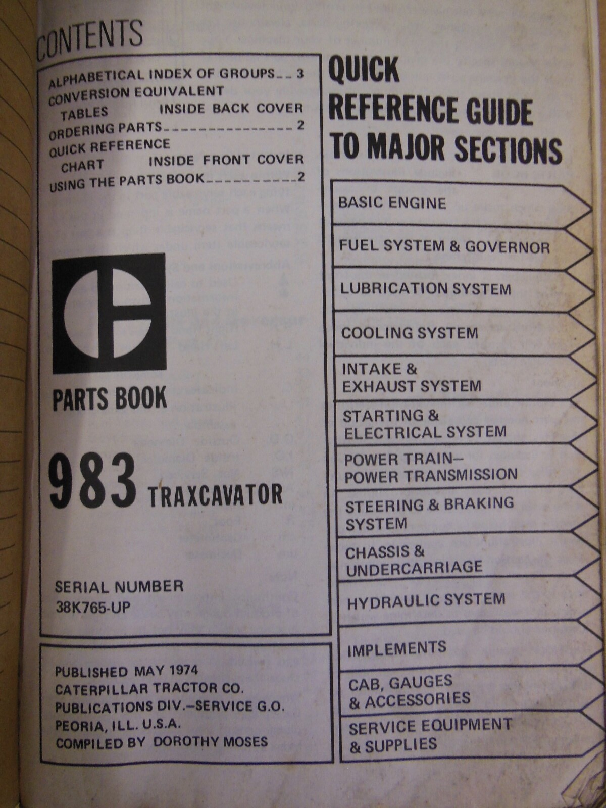 CATERPILLAR – 983 Traxcavator – PARTS Book – Serial No. 38K765 – up