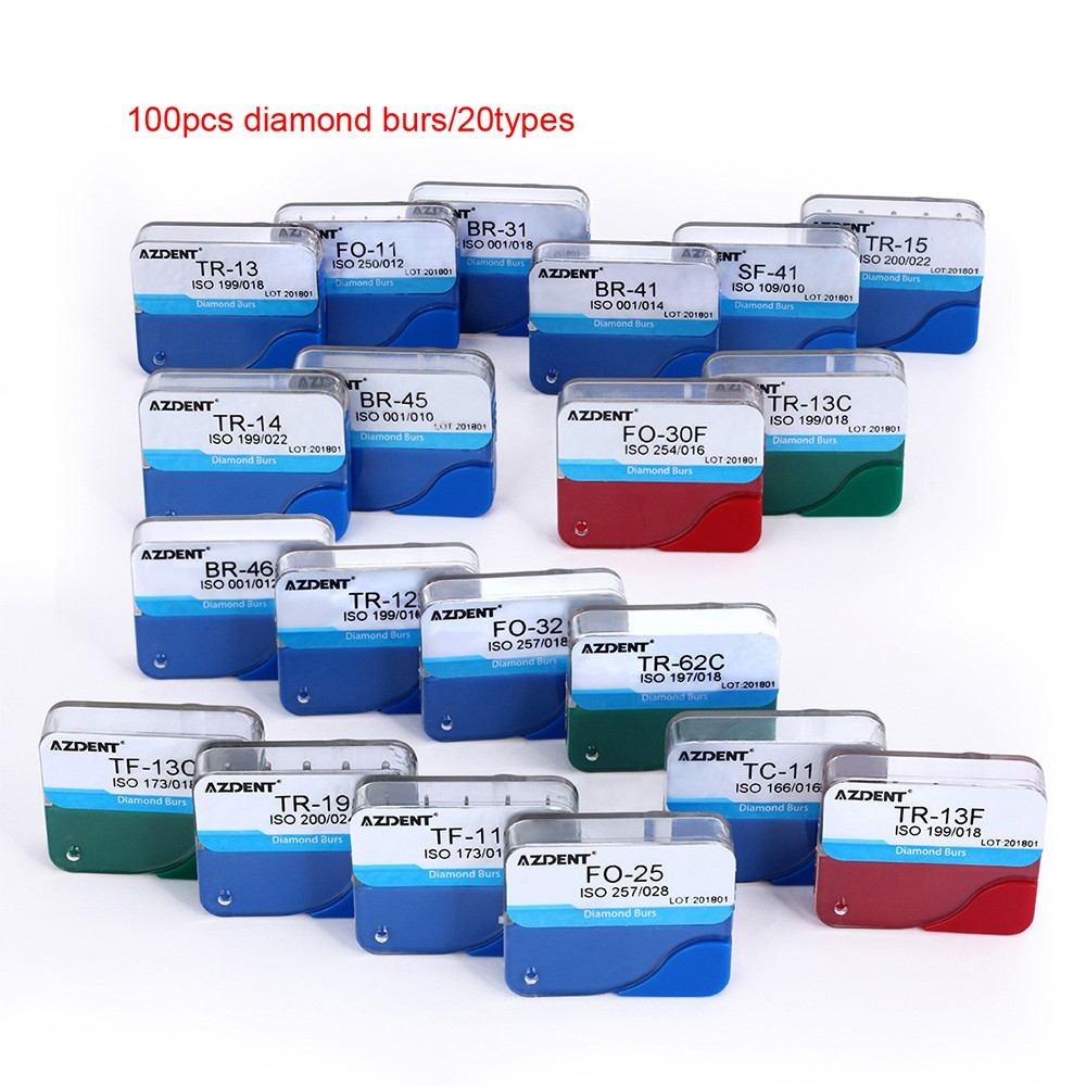 100Pcs 20Types Dental Diamond Burs for High Speed Handpiece Medium Friction Grip