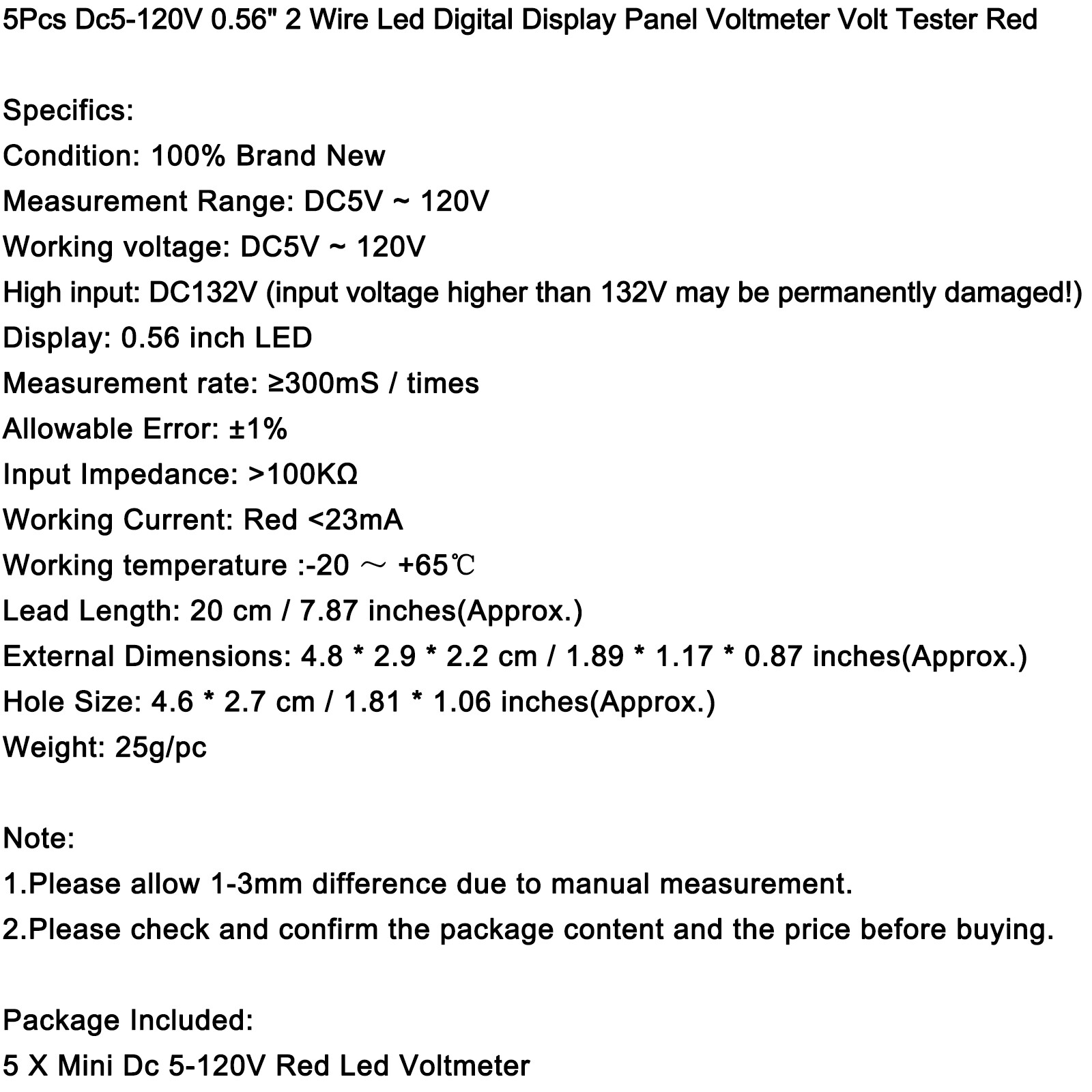 5Pcs Dc 5-120V Voltmeter Red Led Panel 3-Digital Display Volt Meter 2-Wire USA