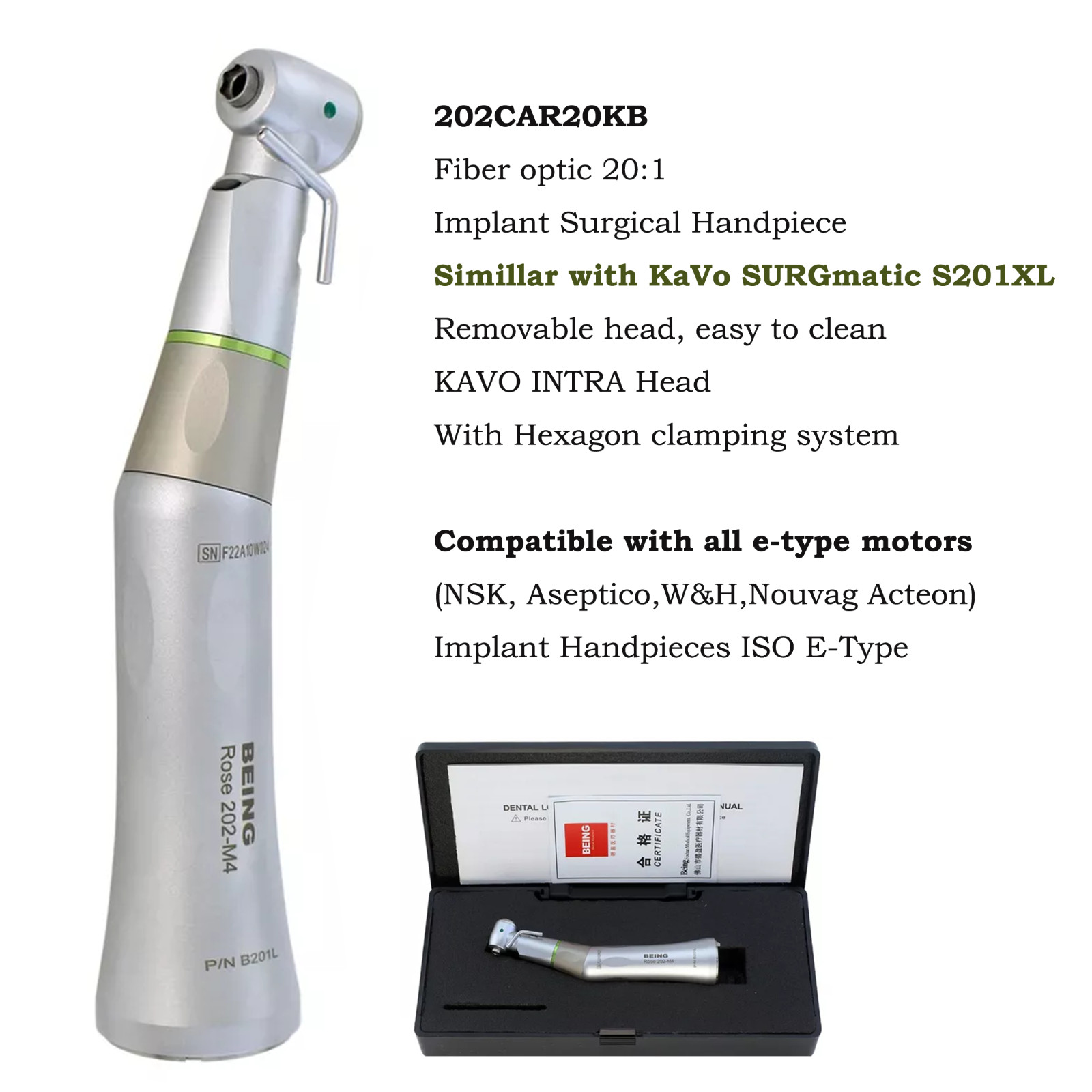 BEING Dental Surgical Handpiece 1:1 Straight 20:1 Implant Contra Angle Nose Cone