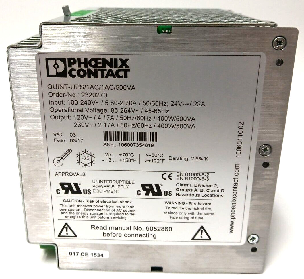 PHOENIX CONTACT UNINTERRUPTIBLE POWER SUPPLY QUINT-UPS/1AC/1AC/500 VA