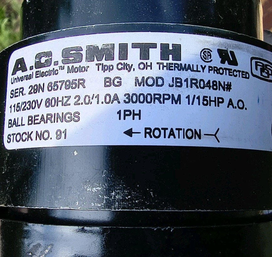 A.O.Smith Model 91 Electric Motor 1/15HP 5″x5/16 shaft 3000rpm JB1R048N 115/230V