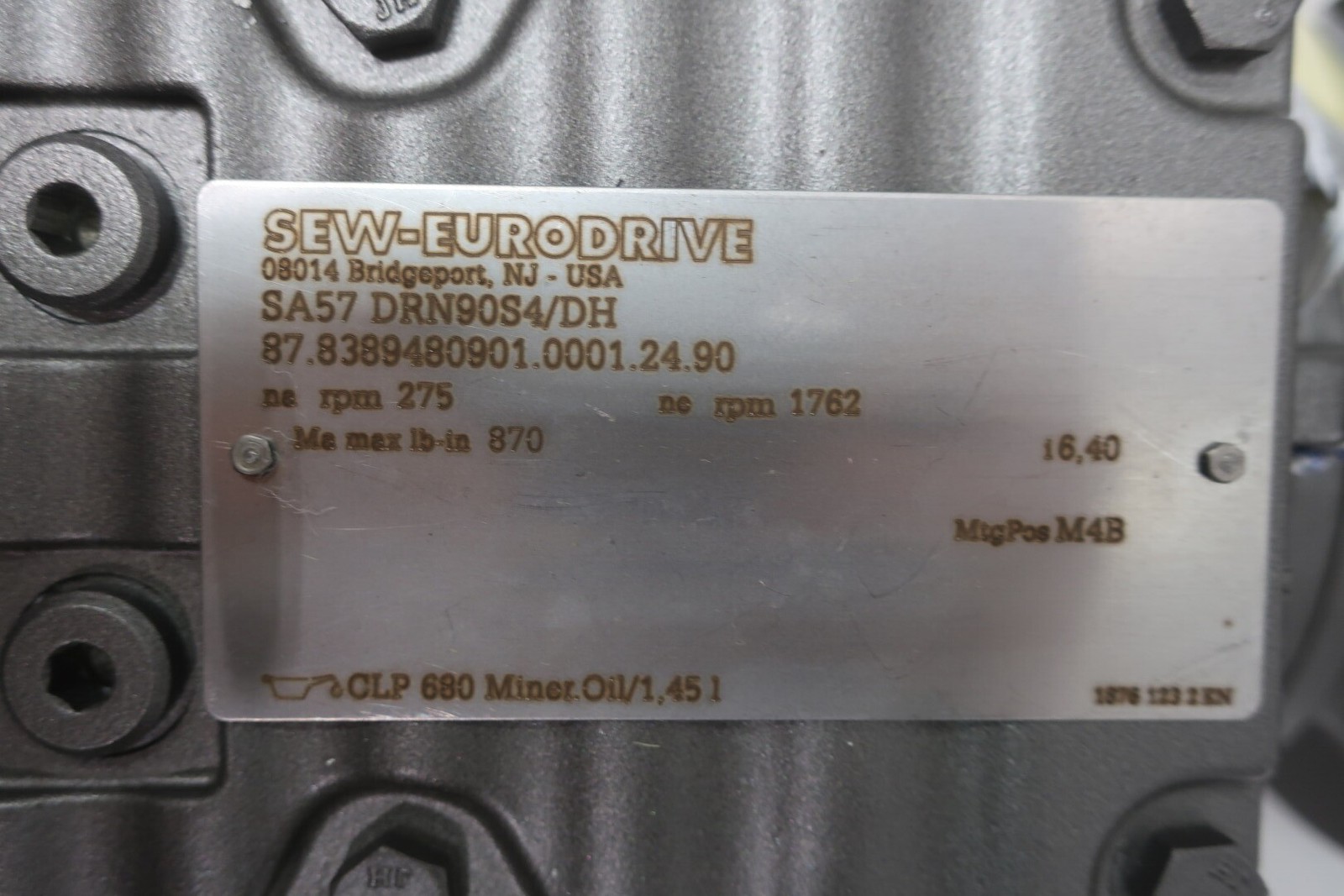 SEW EURODRIVE SA57 DRN90S4/DH GEARMOTOR 275RPM 1.5HP 230/460V-AC 3PH