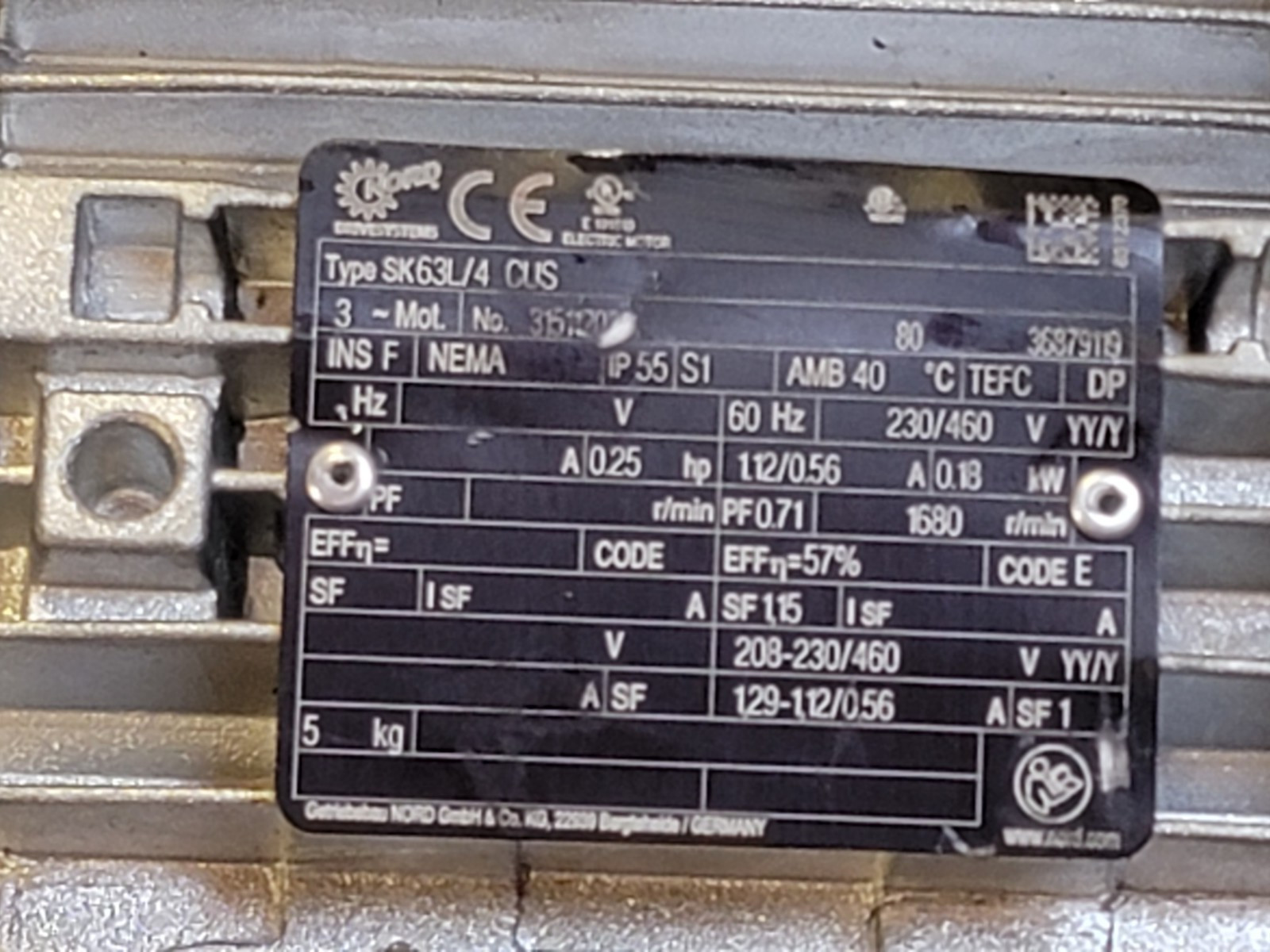 Nord SK63L/4 CUS SK071.1Z-63L/4 Gearmotor+ Reducer 0.25HP 1680 RPM 4.80:1 Ratio