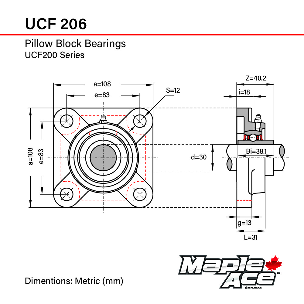 UCF206 Flange Bearing 30mm Bore, 4-Bolt, Solid Base, 3 Lips Seal (Qty 1)