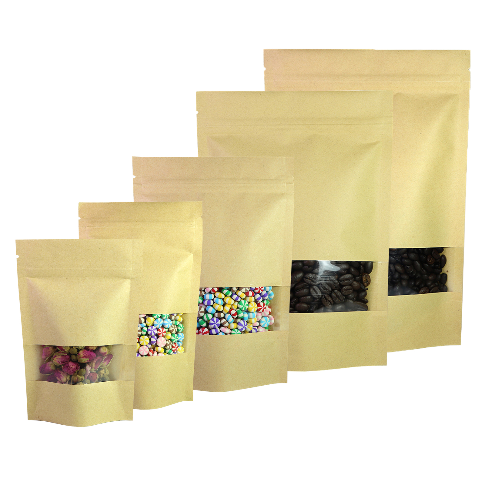 Variety of Sizes Brown Kraft Paper Resealable Stand Up Bags w/Window (100/Pack)