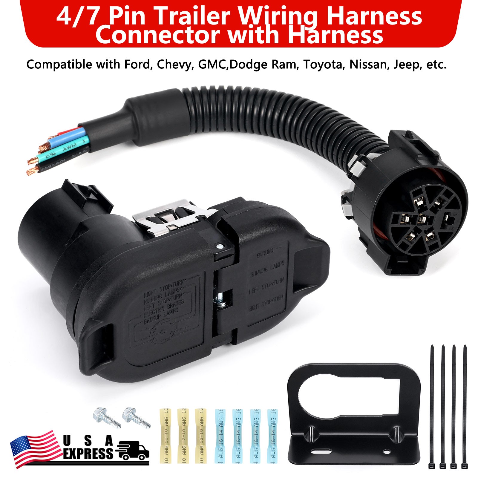 Trailer Plug Adapter 4/7 Pin Trailer Wiring Connector with Bracket & Harness