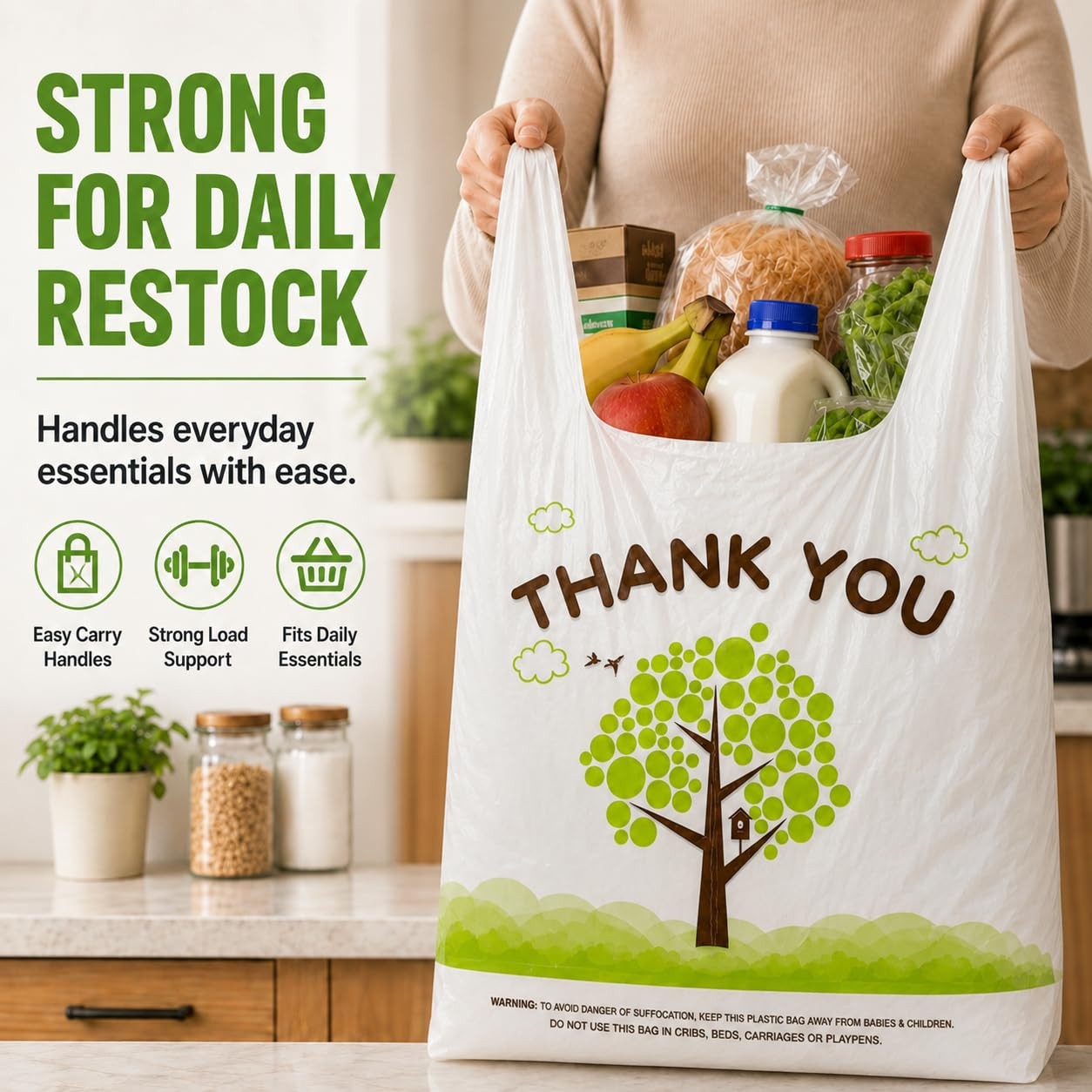 500 Count Plastic T-Shirt Bags, 11″ X 6″ X 21″, White-Green Tree, Grocery & Take