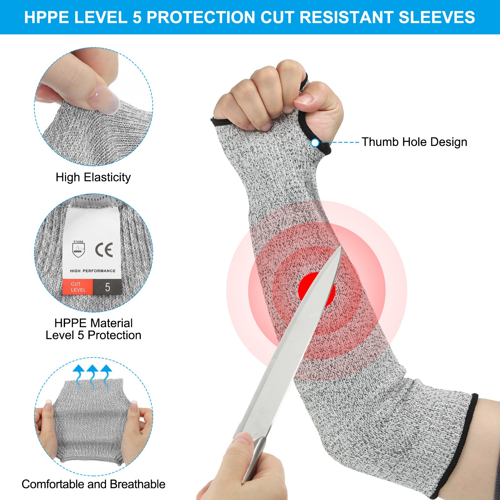 2Pairs l Arm Protectors Sleeve Cut Resistant Sleeve with Thumb Hole Yellow Gray