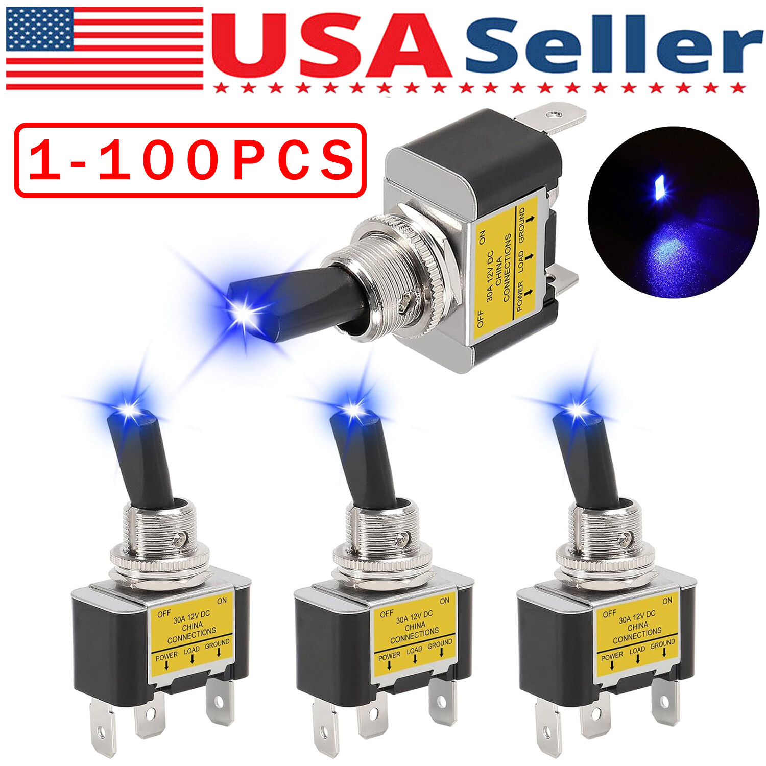 Blue LED Light 3Pin Rocker Toggle ON/Off Switch 30A 12V for Car Boat Marine Lot
