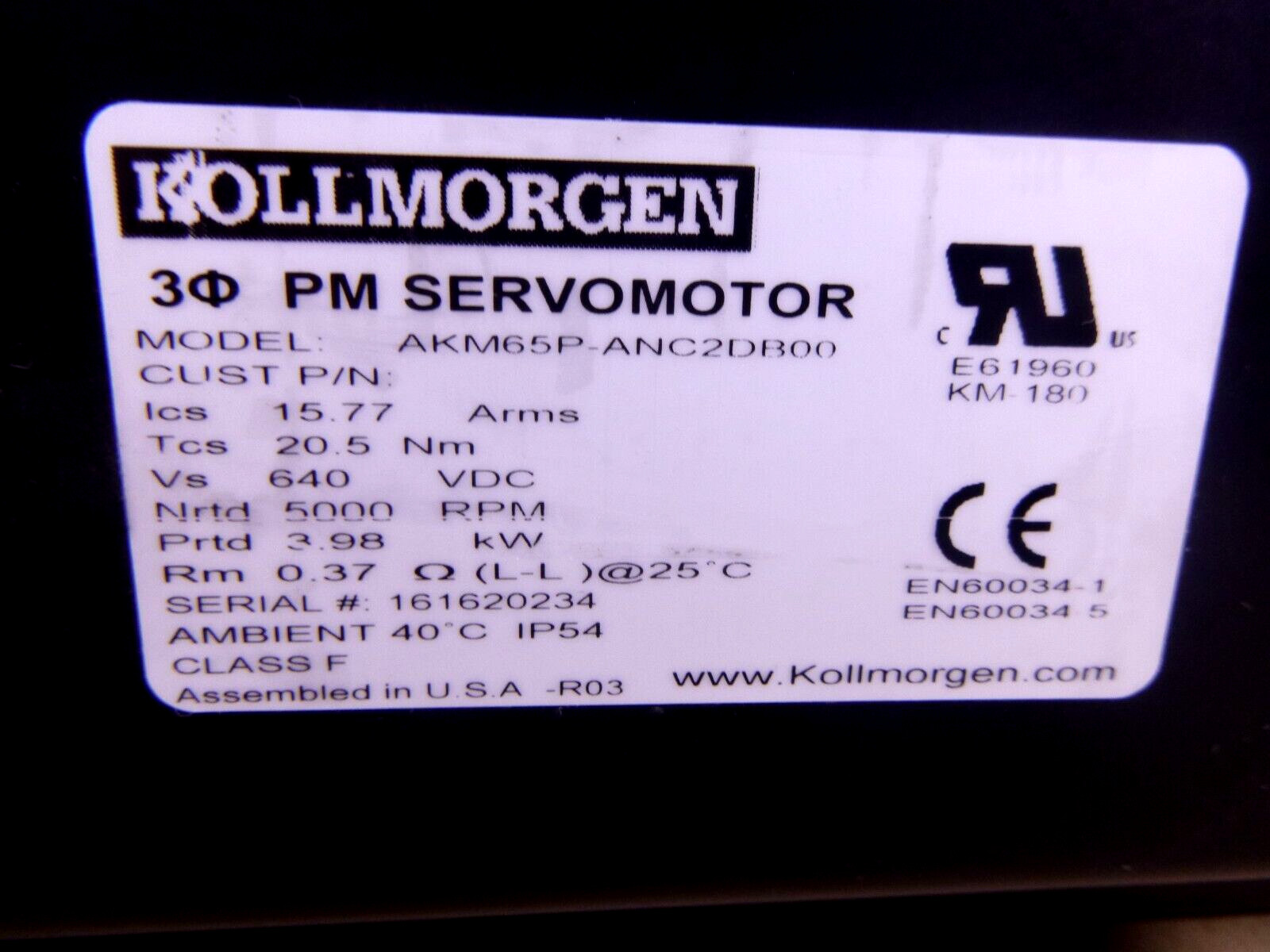 Kollmorgen AKM65P-ANC2DB00 Brushless DC Servo Motor 3.98 KW, 5000 Rpm, 640 Vdc