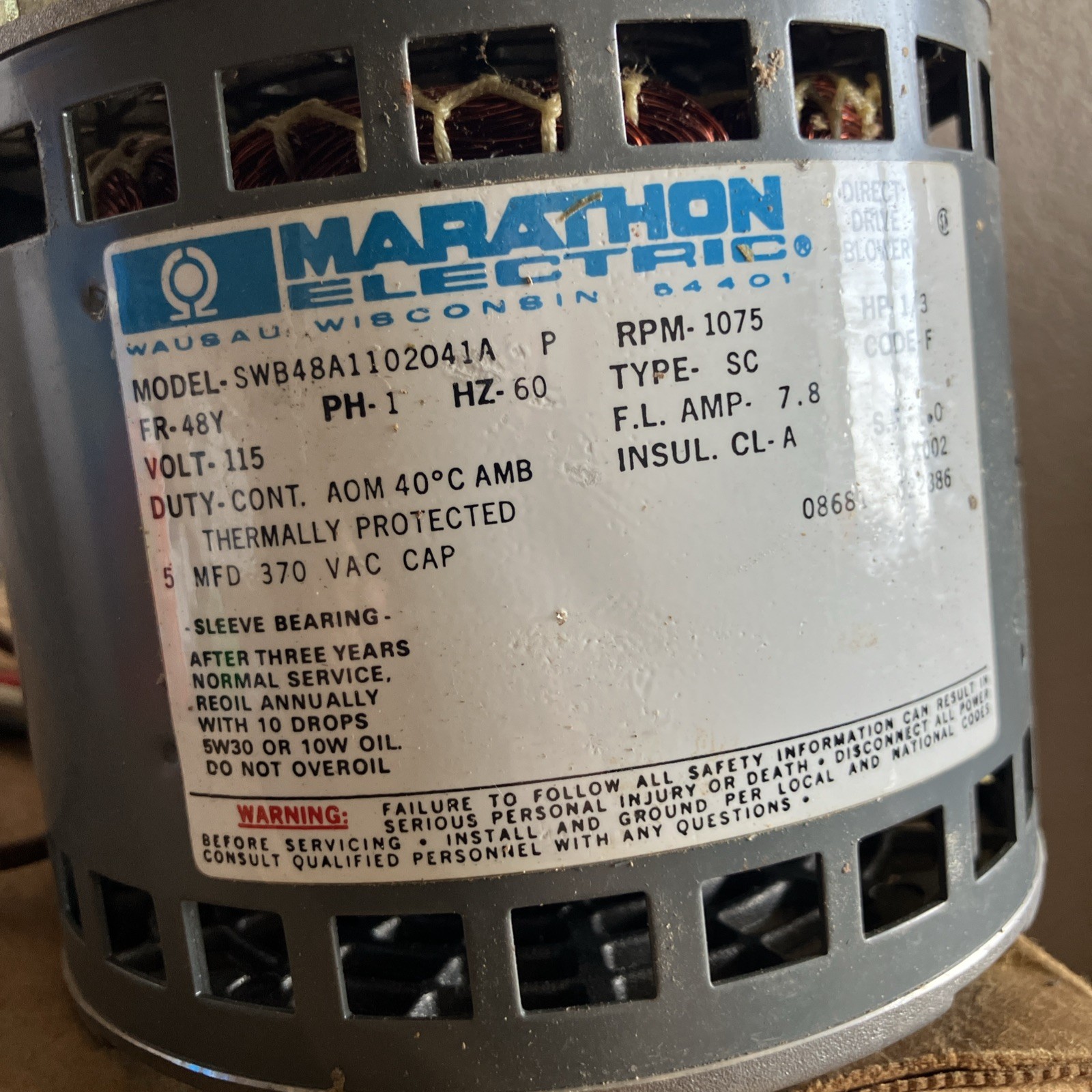 Marathon Electric Blower Motor 1/3HP 48A11O2041