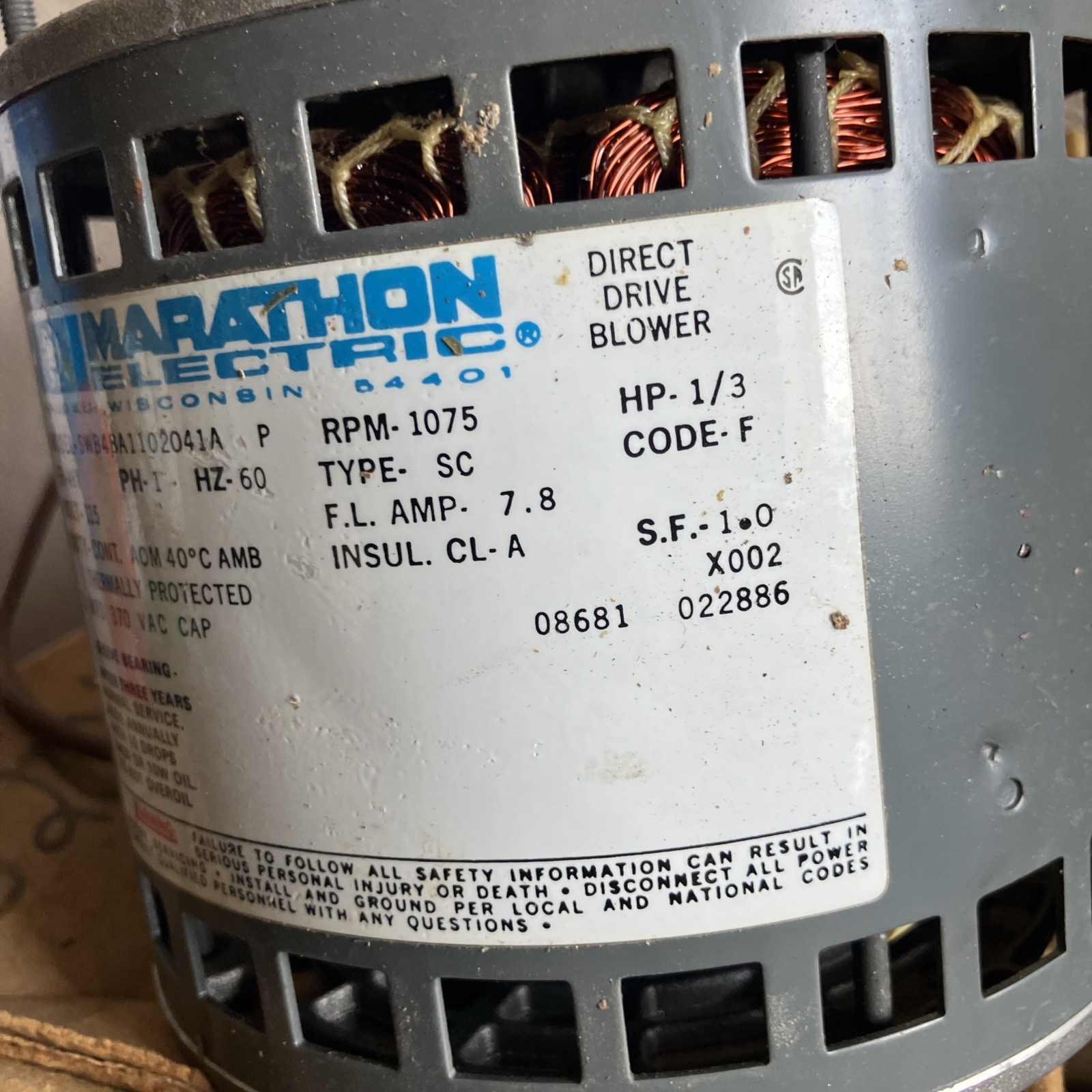 Marathon Electric Blower Motor 1/3HP 48A11O2041