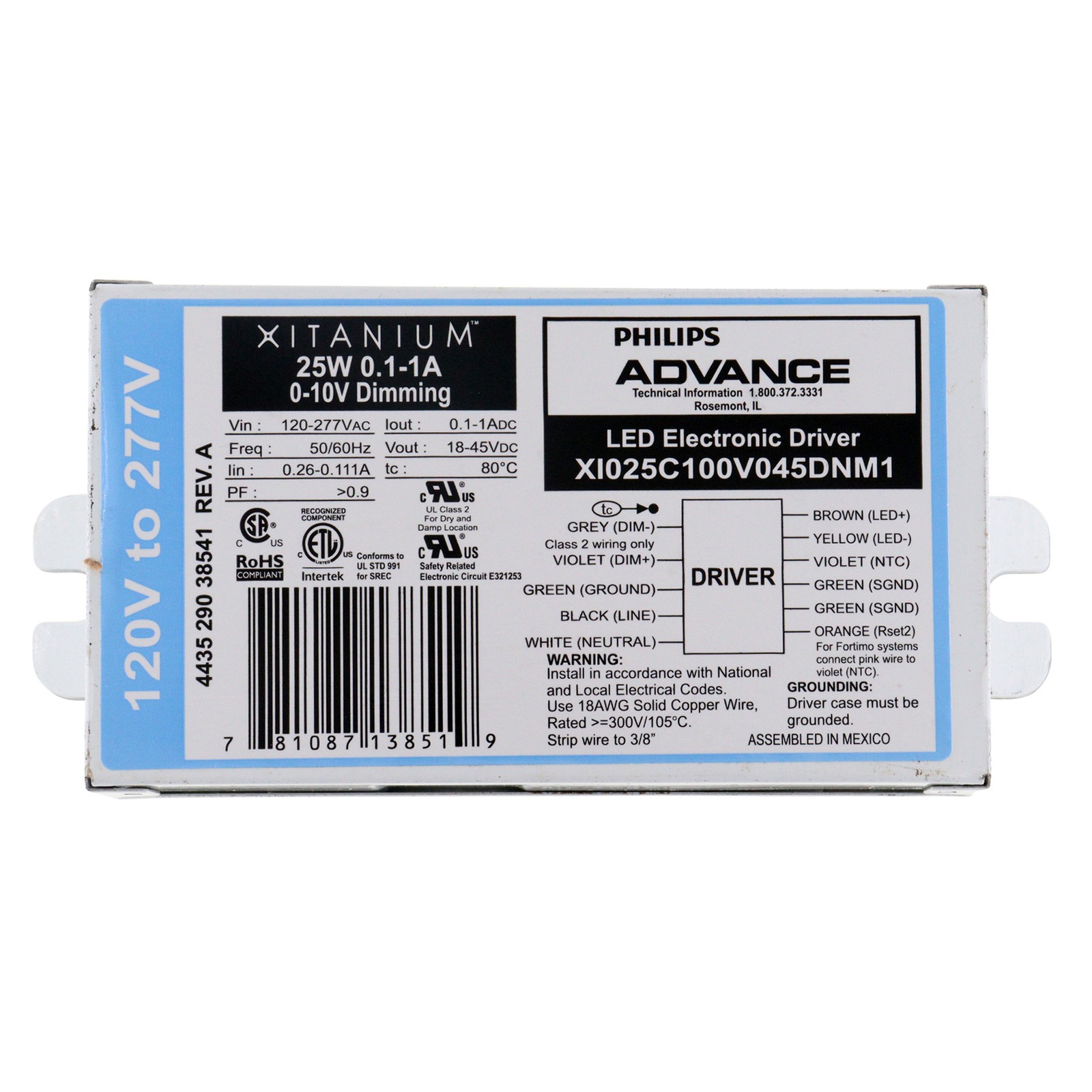 ADVANCE XI025C100V045DNM1 XITANIUM 0-10V DIMMABLE LED DRIVER 18-45V 25W 120-277V
