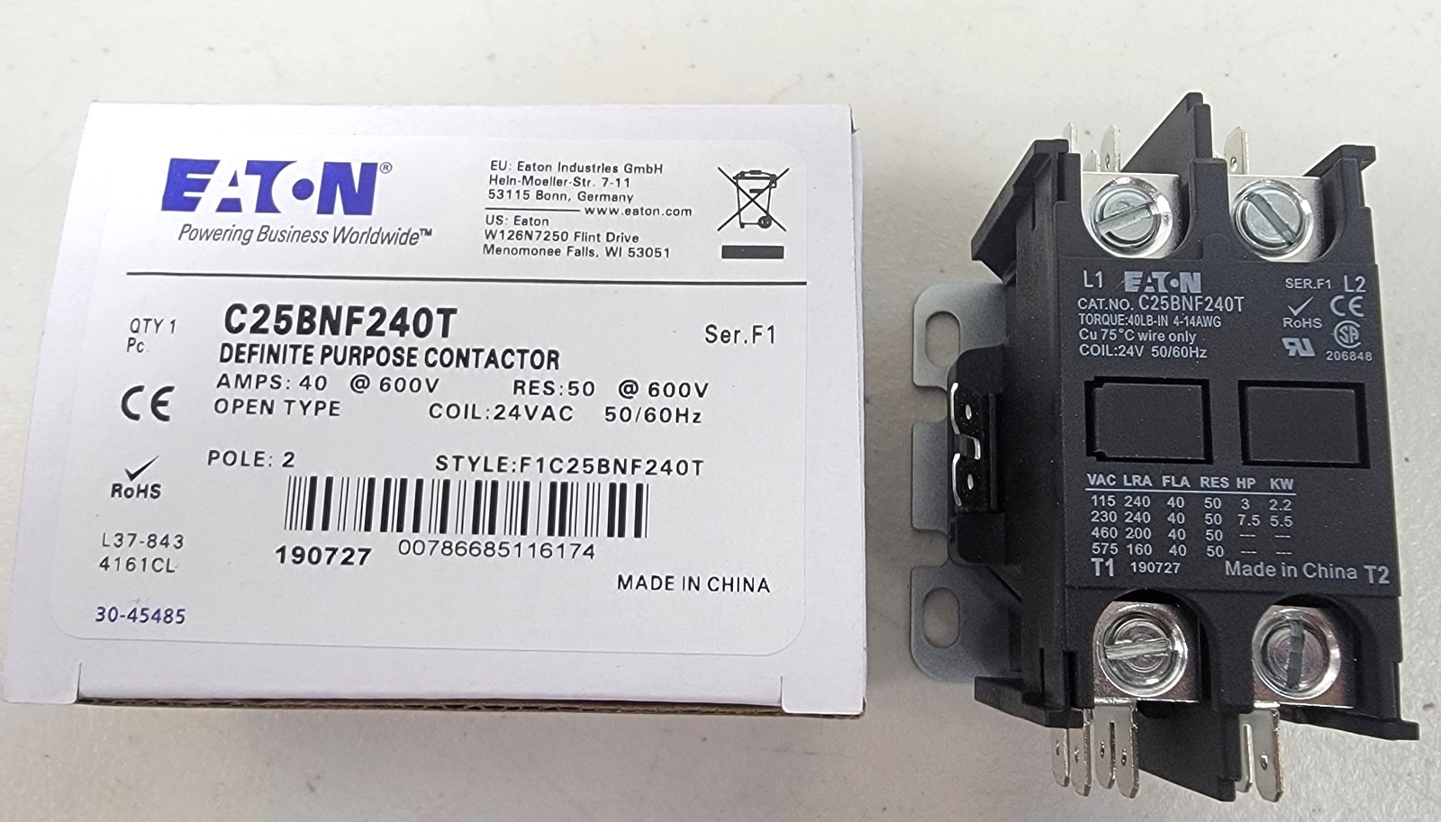 Eaton C25BNF240T Definite Purpose Contactor 40A 2-Pole, 24VAC Coil New Open Box
