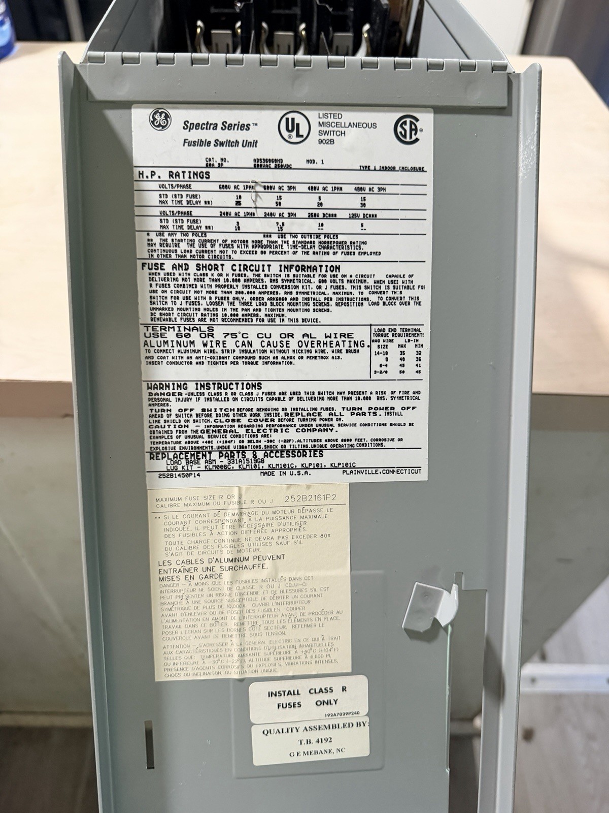 GE Spectra ADS36600HD 60A Fusible Load Break Switch 3 Pole 600V USED WORKING