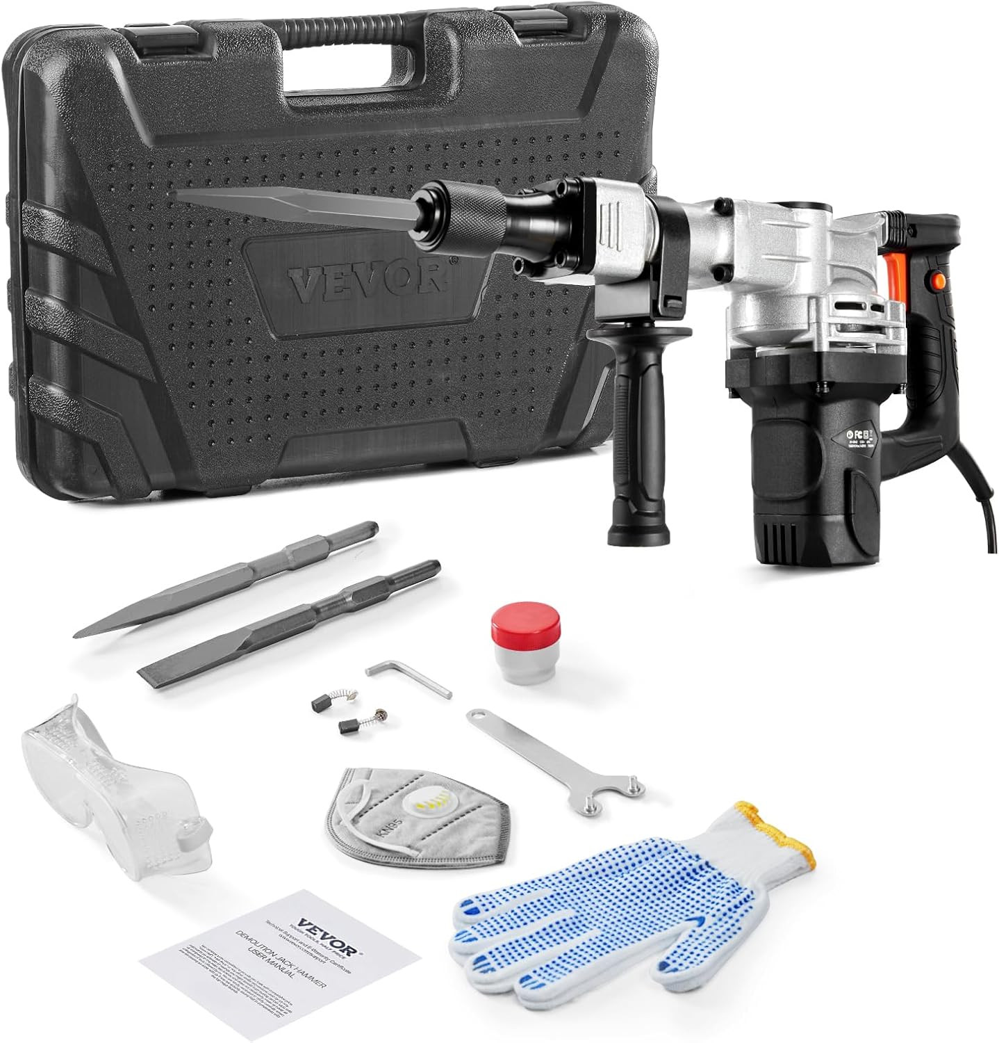 1400W Electric Jackhammer Heavy Duty, 2Pcs Chisels Bits Chipping with Case, 2900