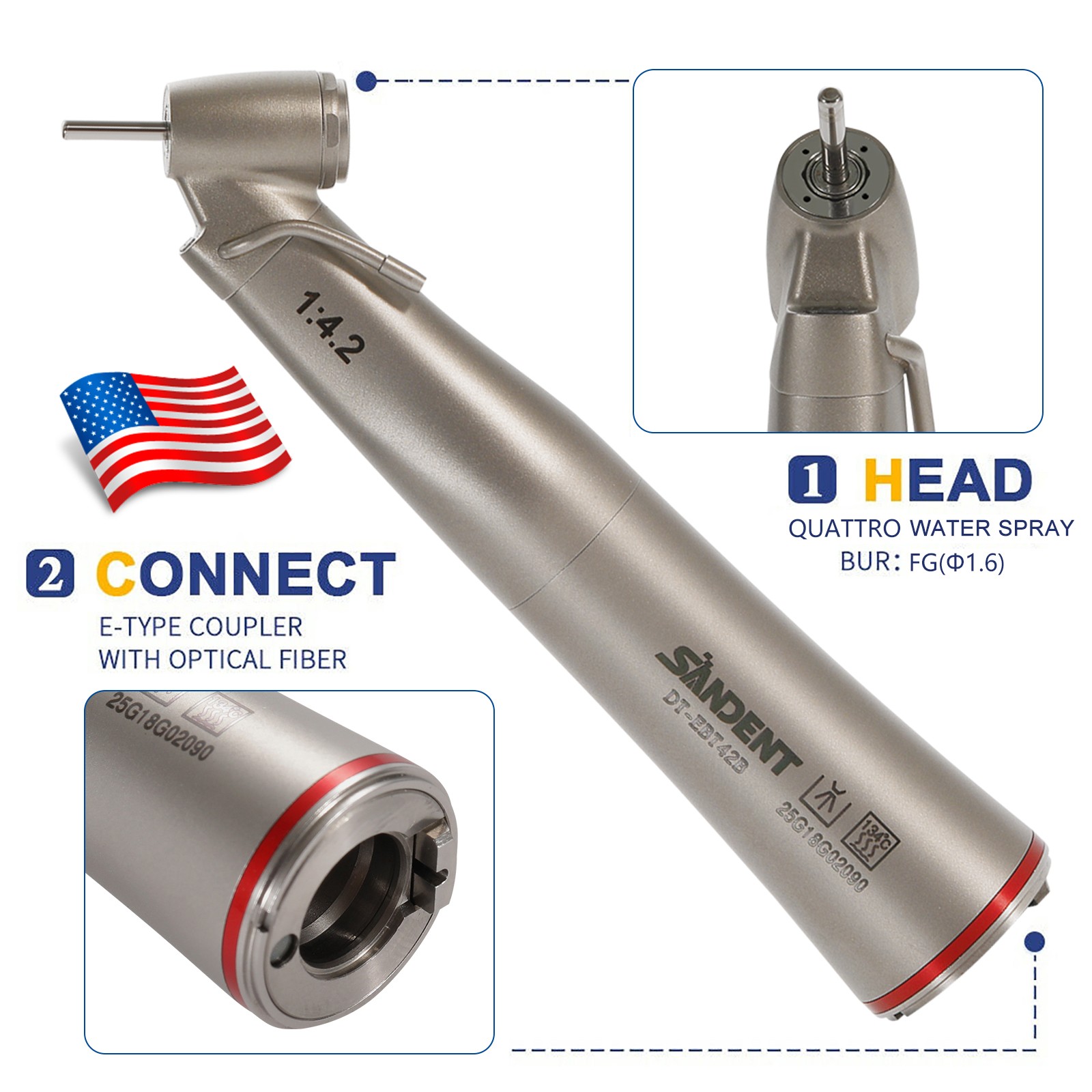 Dental Optic Fiber LED 1:4.2 Increasing Handpiece 45°Angle Head External Channel