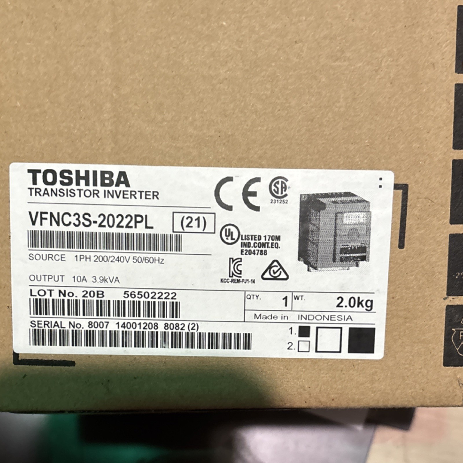 Toshiba Variable Frequency Drive Inverter VFNC3S-2022PL 3HP 2.2kW 200/220V