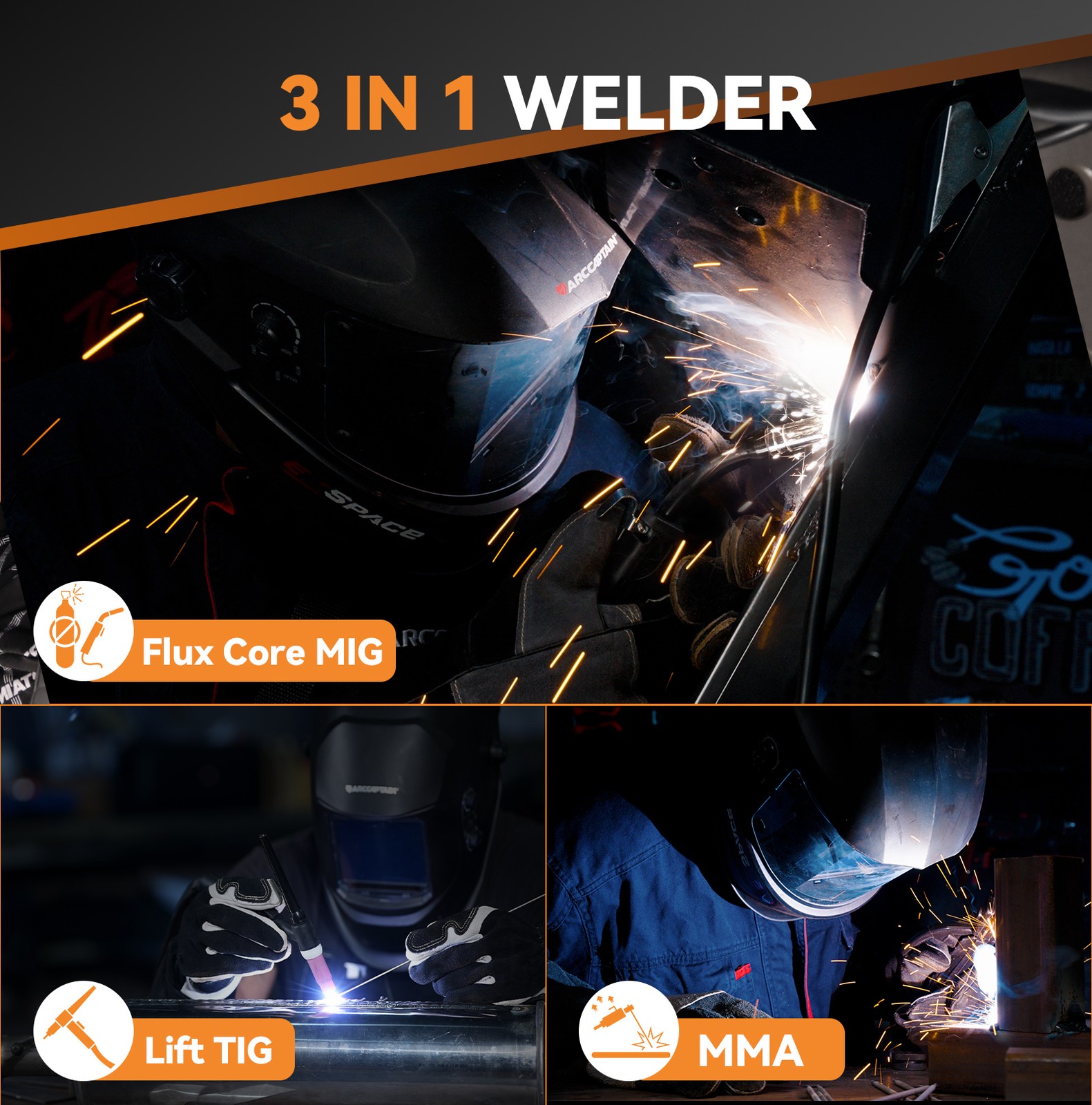 ARCCAPTAIN 3 in 1 MIG Welder 130Amp Flux Core Mig/Lift TIG/MMA Gasless Digital🔥