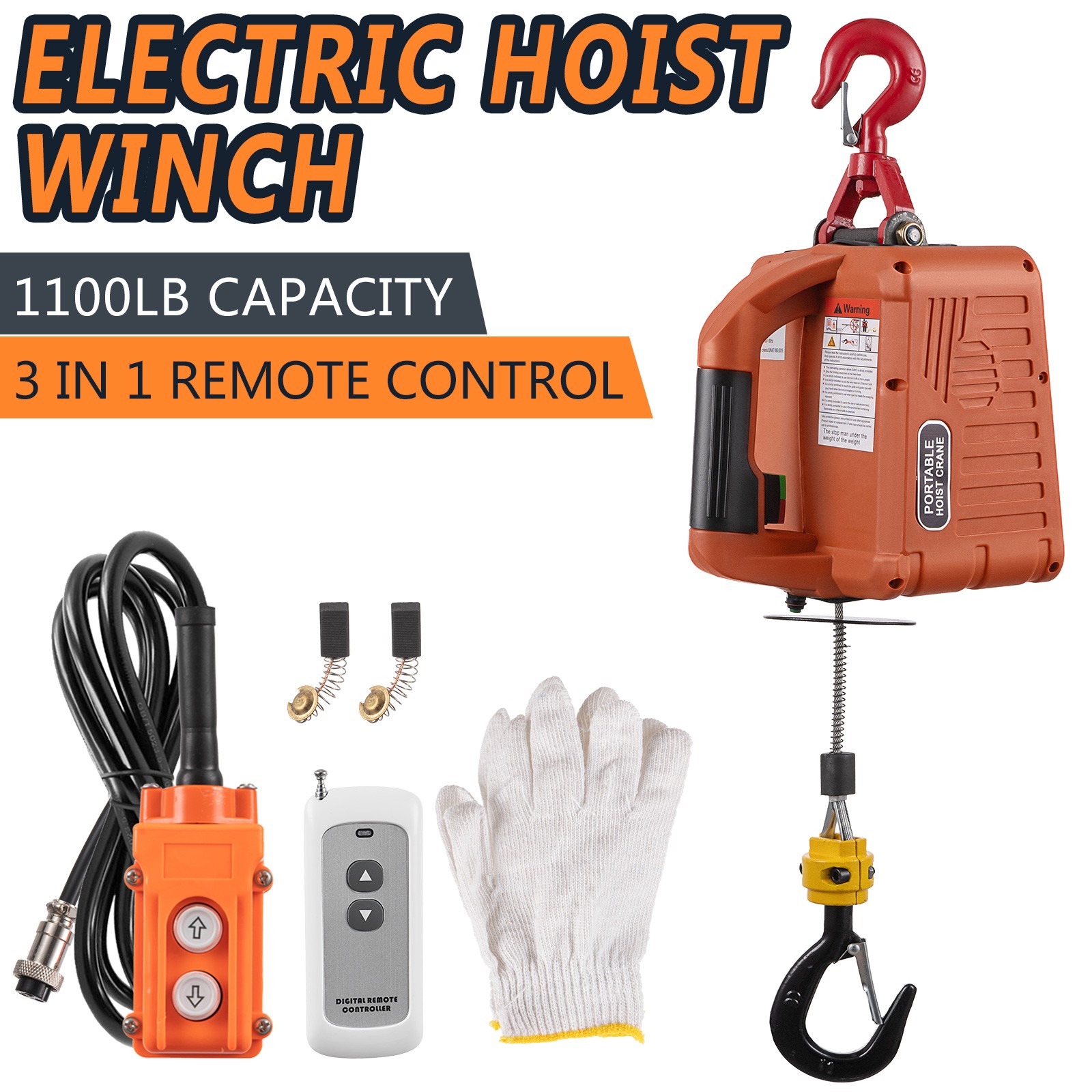 3 in 1 Portable Electric Hoist Winch Crane 1100lbs Wired/Wireless Remote Control