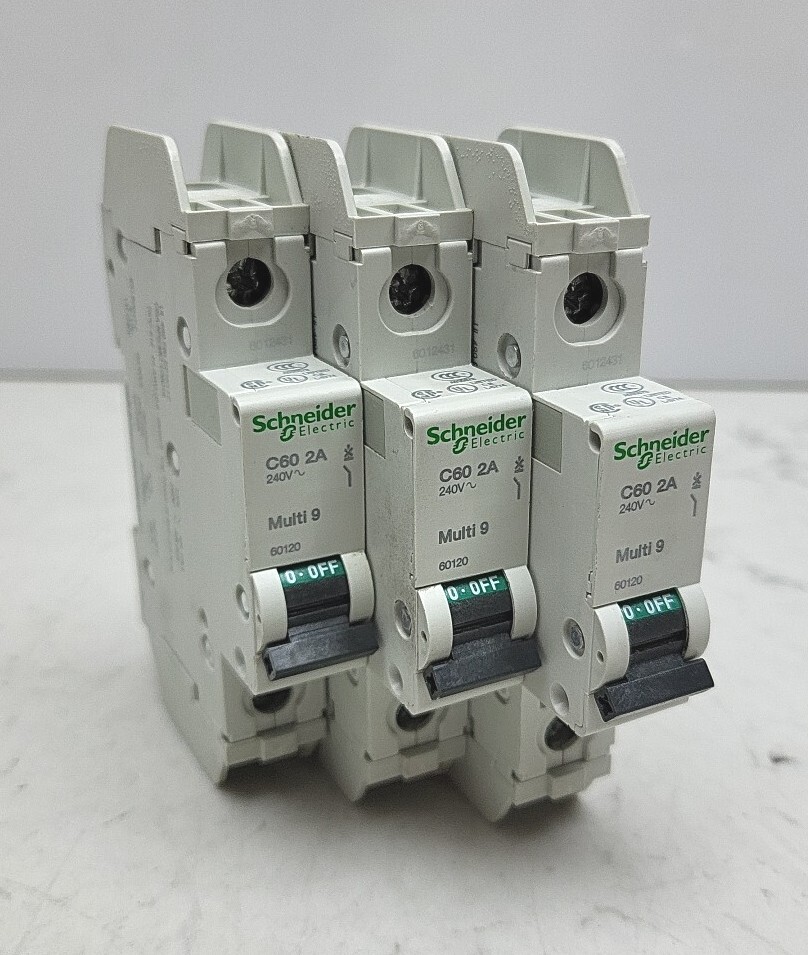 3 Pack Schneider Electric 60120 2 Amp Circuit Breaker DIN Rail 120/240 Vac Used