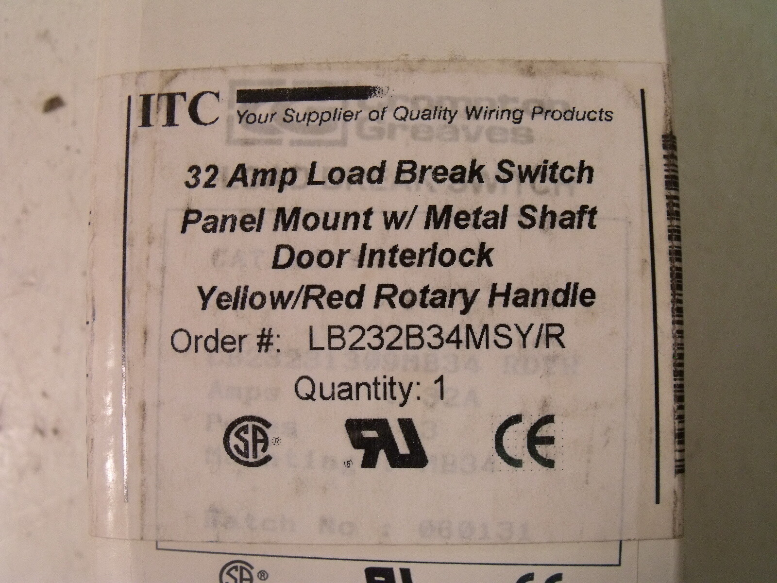 NIB ITC Crompton Greaves LB232B34MSY/R 32A Panel Mount Load Break Switch