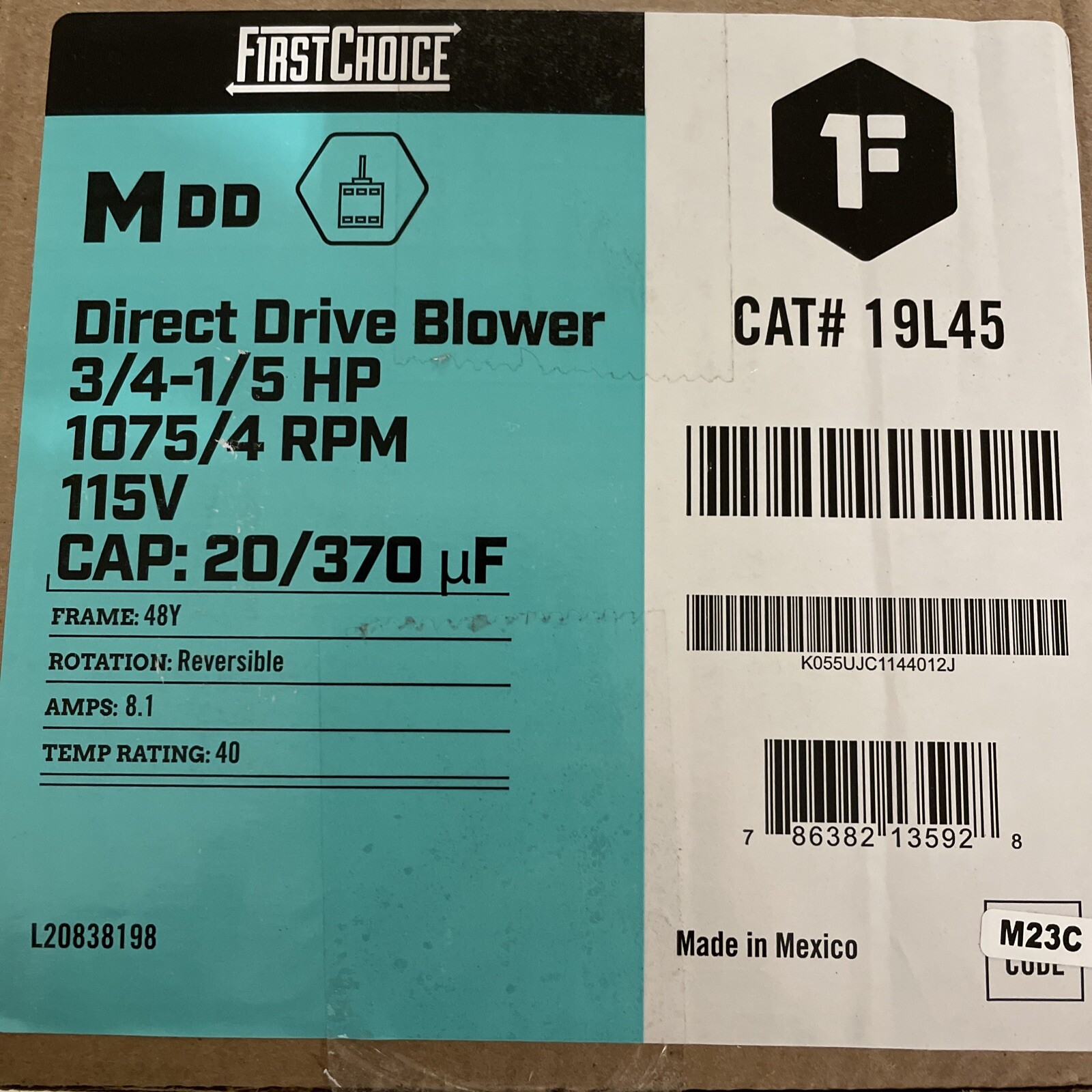 FirstChoice Direct Drive Blower Motor 1/5-3/4 HP, 115V, KO55UJC1144012J, 19L45
