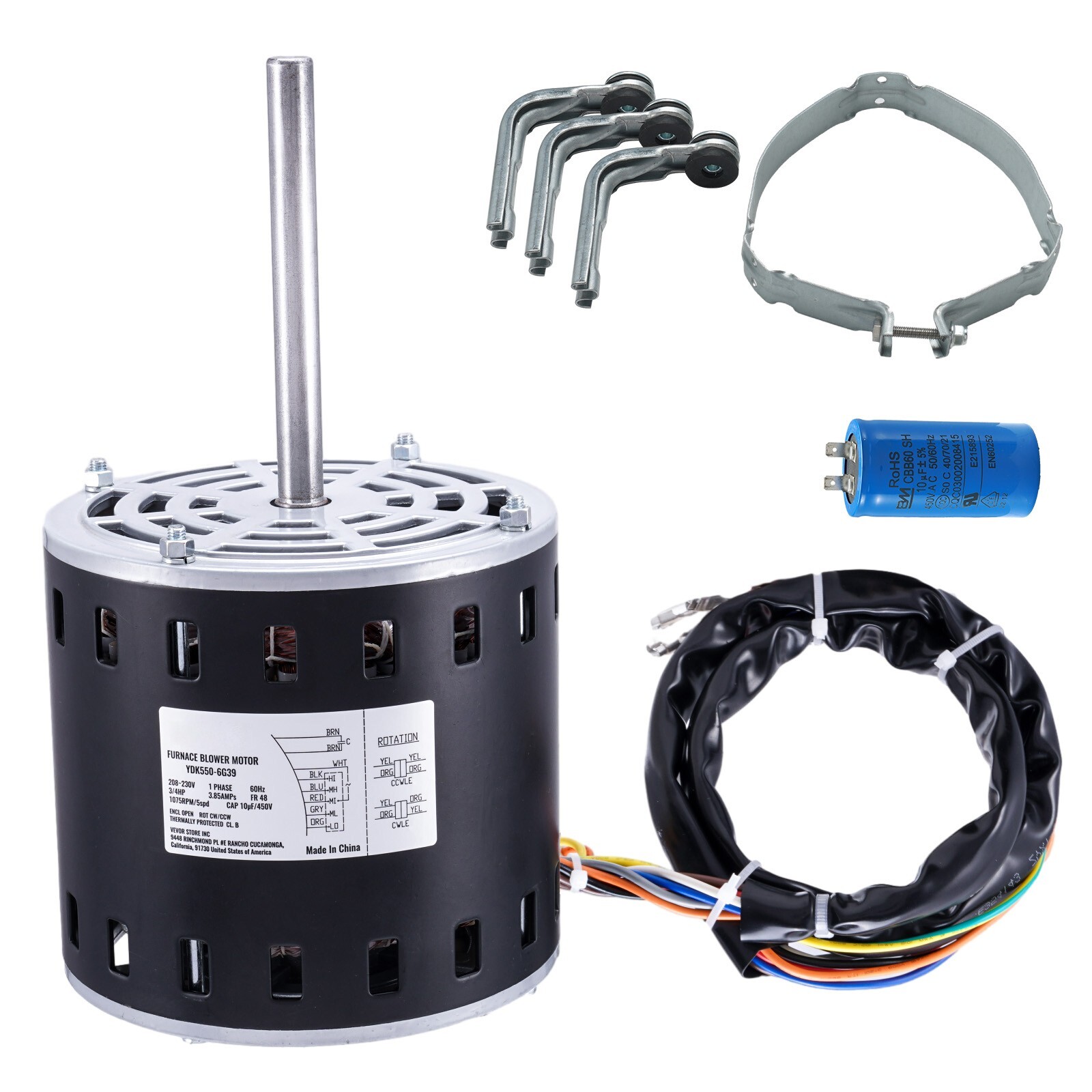 3/4HP Furnace Blower Motor 208-230V 3.85A 1075RPM 5 Speeds CW/CCW Rotation