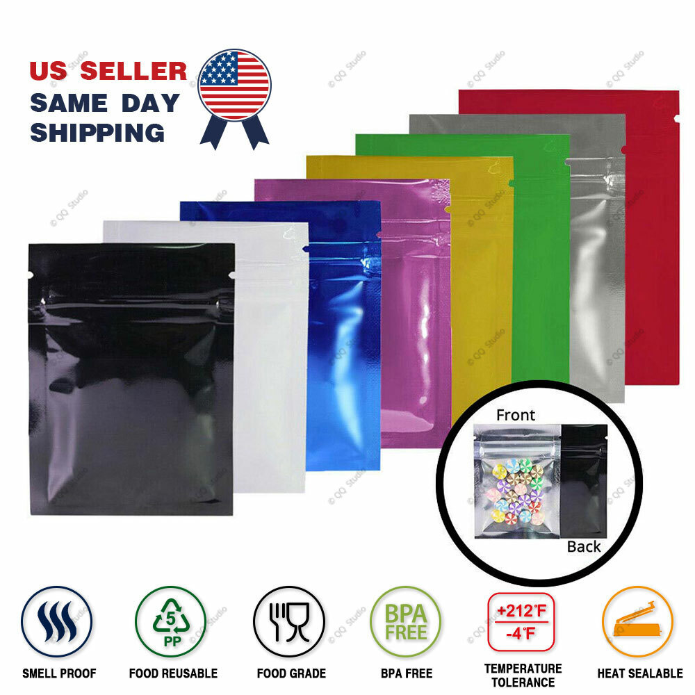 2.5×3.5in Many Colors Glossy Clear Front Mylar Foil Flat Zip Lock Pouch Bag M