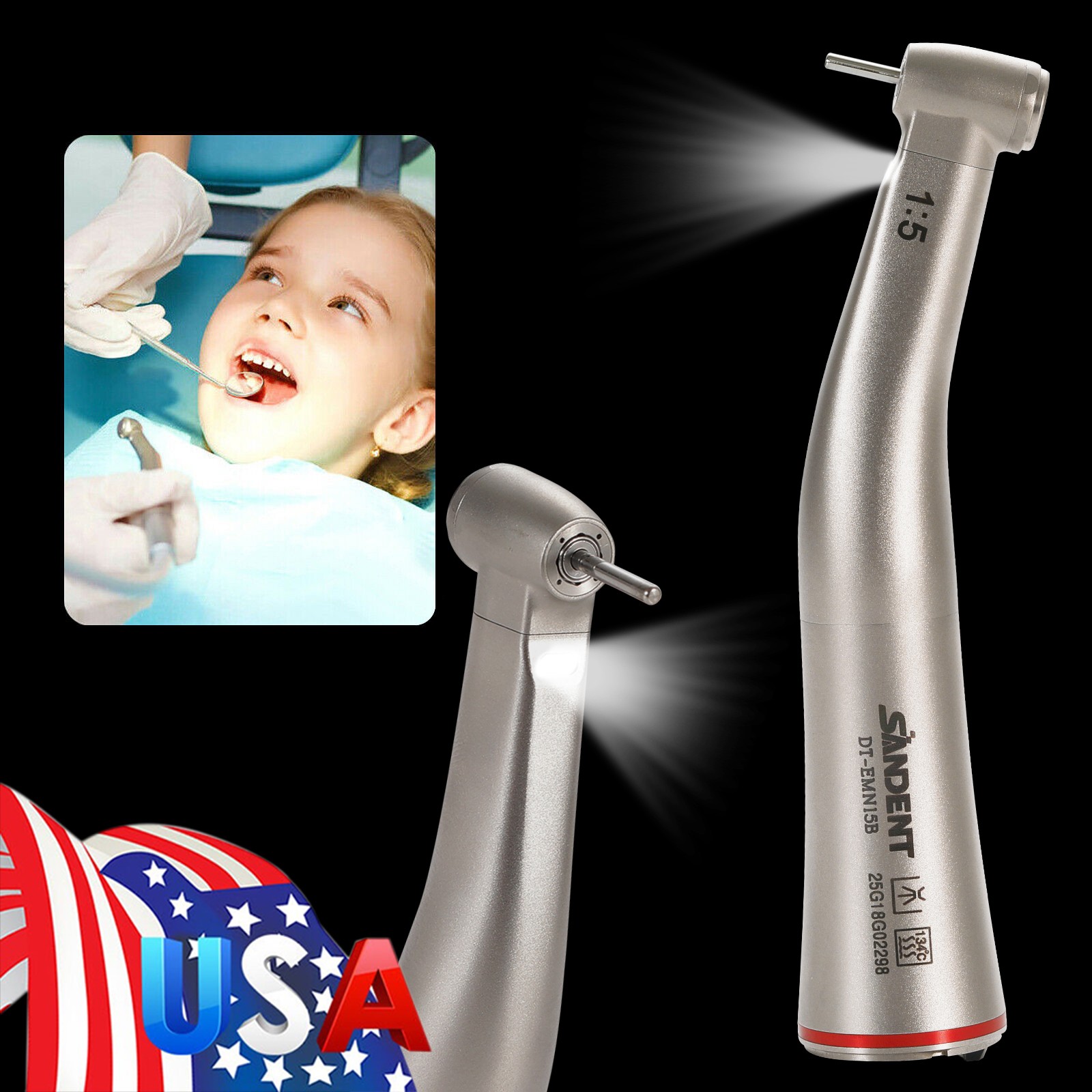 DT Dental 1:5 Mini Head Fiber Optic Contra Angle Handpiece LED Stainless Steel