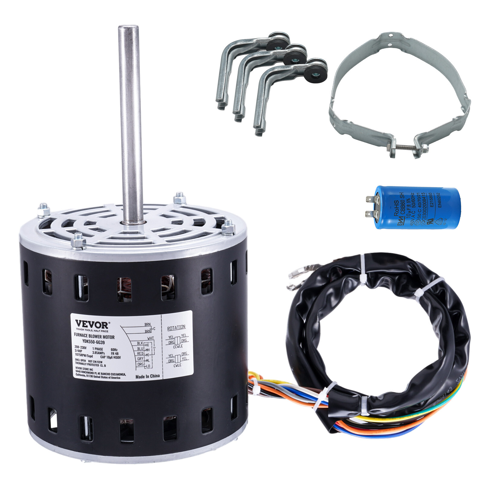 VEVOR 3/4HP Furnace Blower Motor 208-230V 3.85A 1075RPM 5 Speed 48 Frame 1 Phase