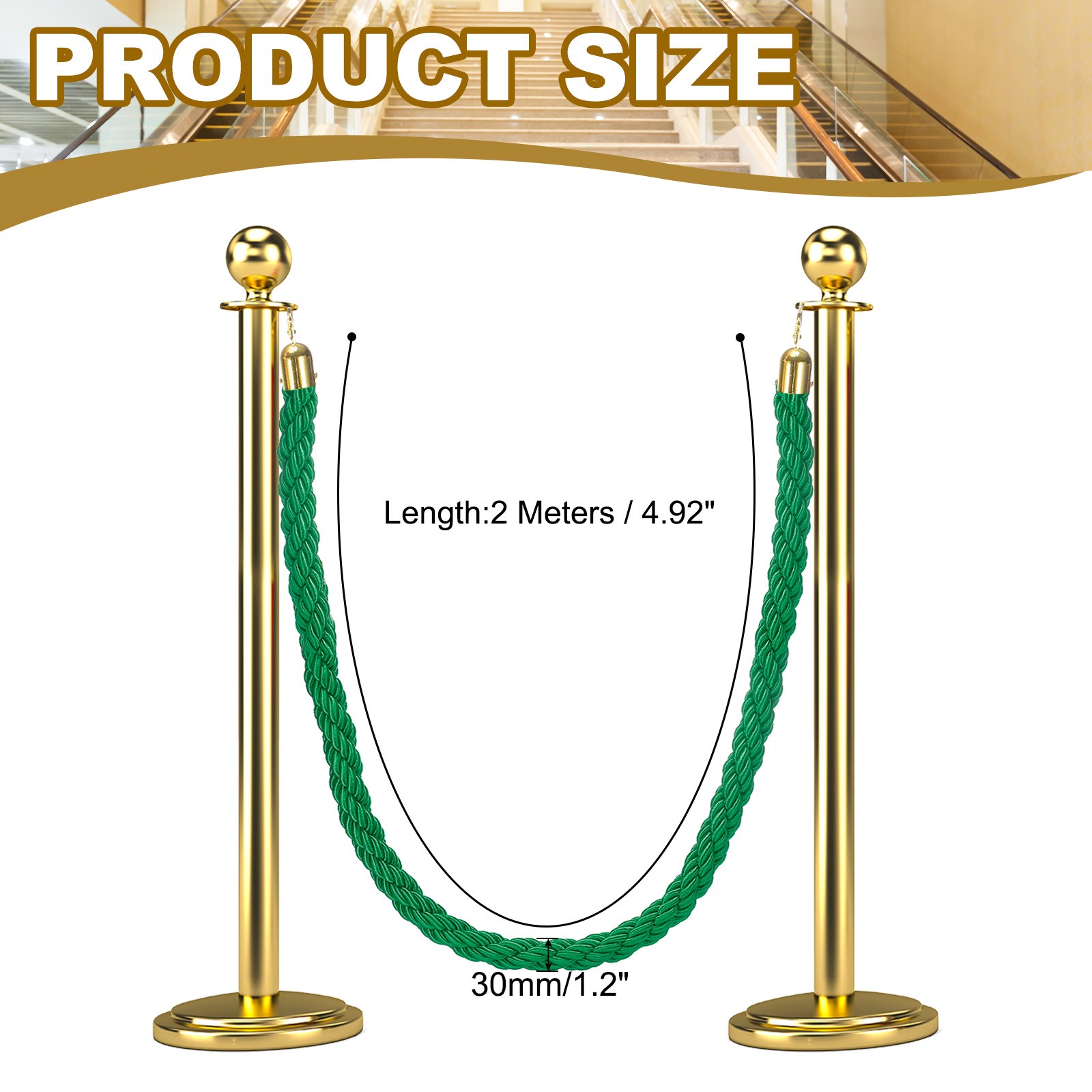 6.6 Ft/2 m Twisted Stanchion Rope Barrier Rope with Hooks Green Golden
