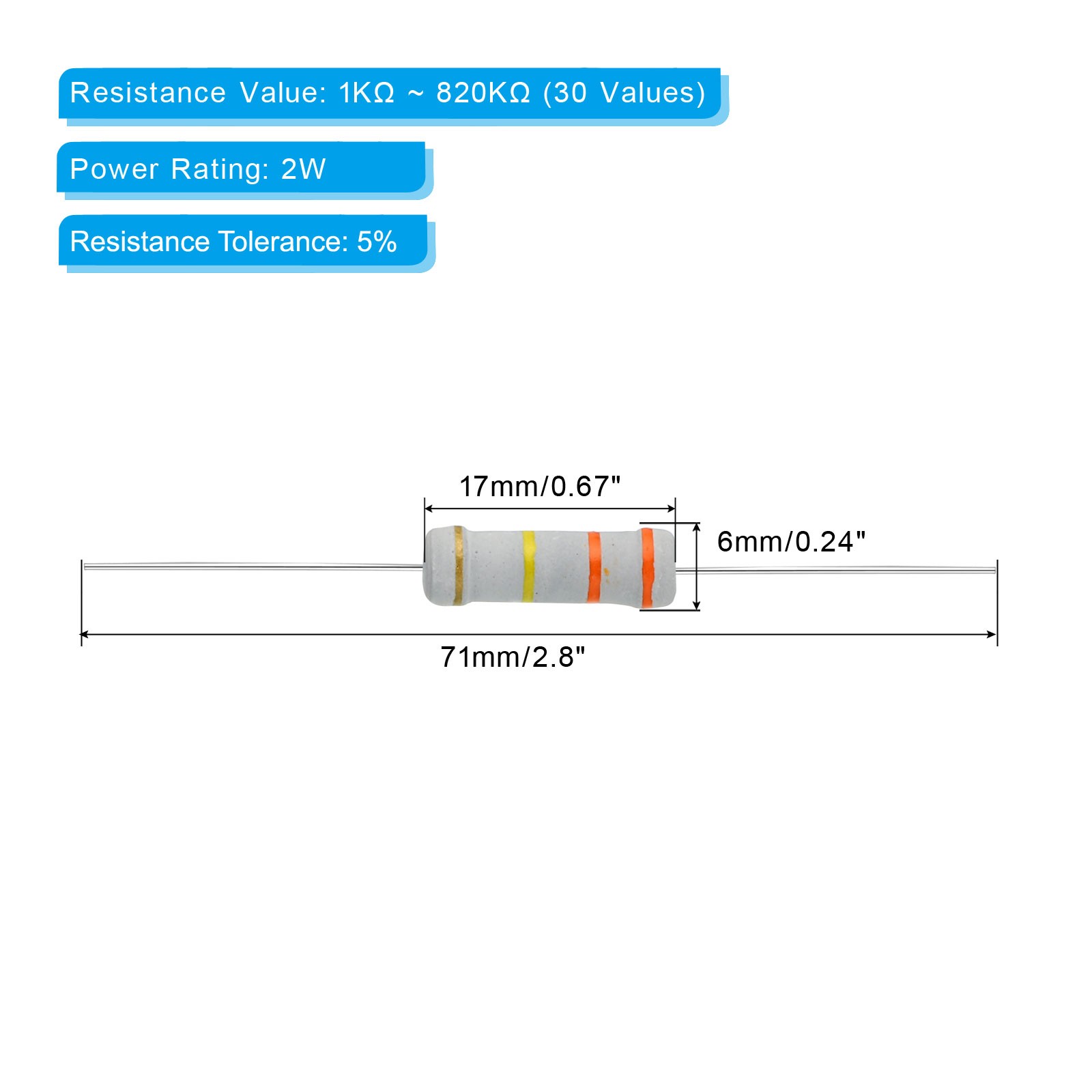 150Pcs 2W 1K-820K Ohm 5% Tolerance Carbon Film Resistor Assortment 30 Values,