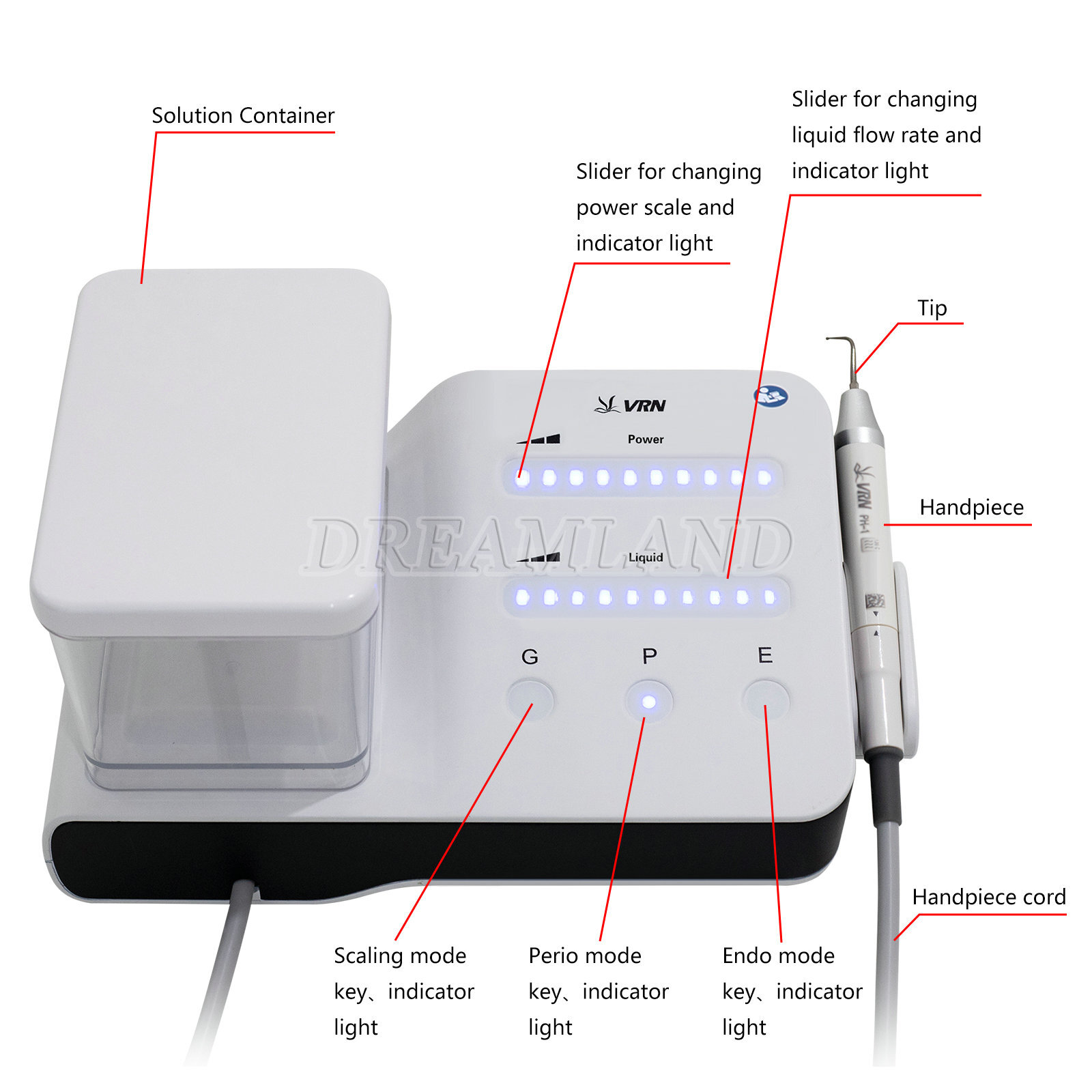 VRN Dental LED Ultrasonic Scaler PH-1 Detachable Handpiece Tips water Bottles