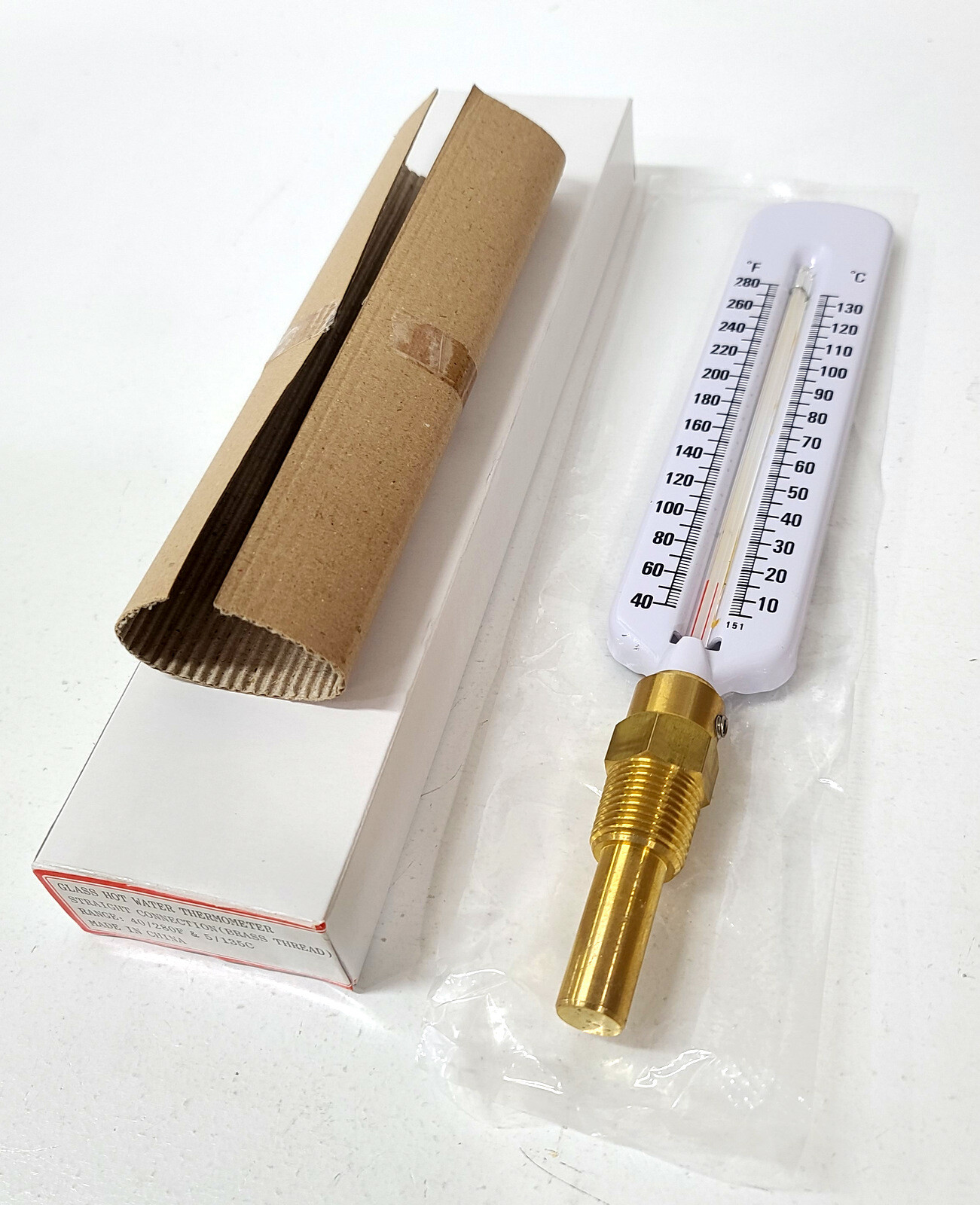 Glass Hot Water Thermometer Straight Stem Brass 1/2″ Connection ~ 40/280F 5/135C