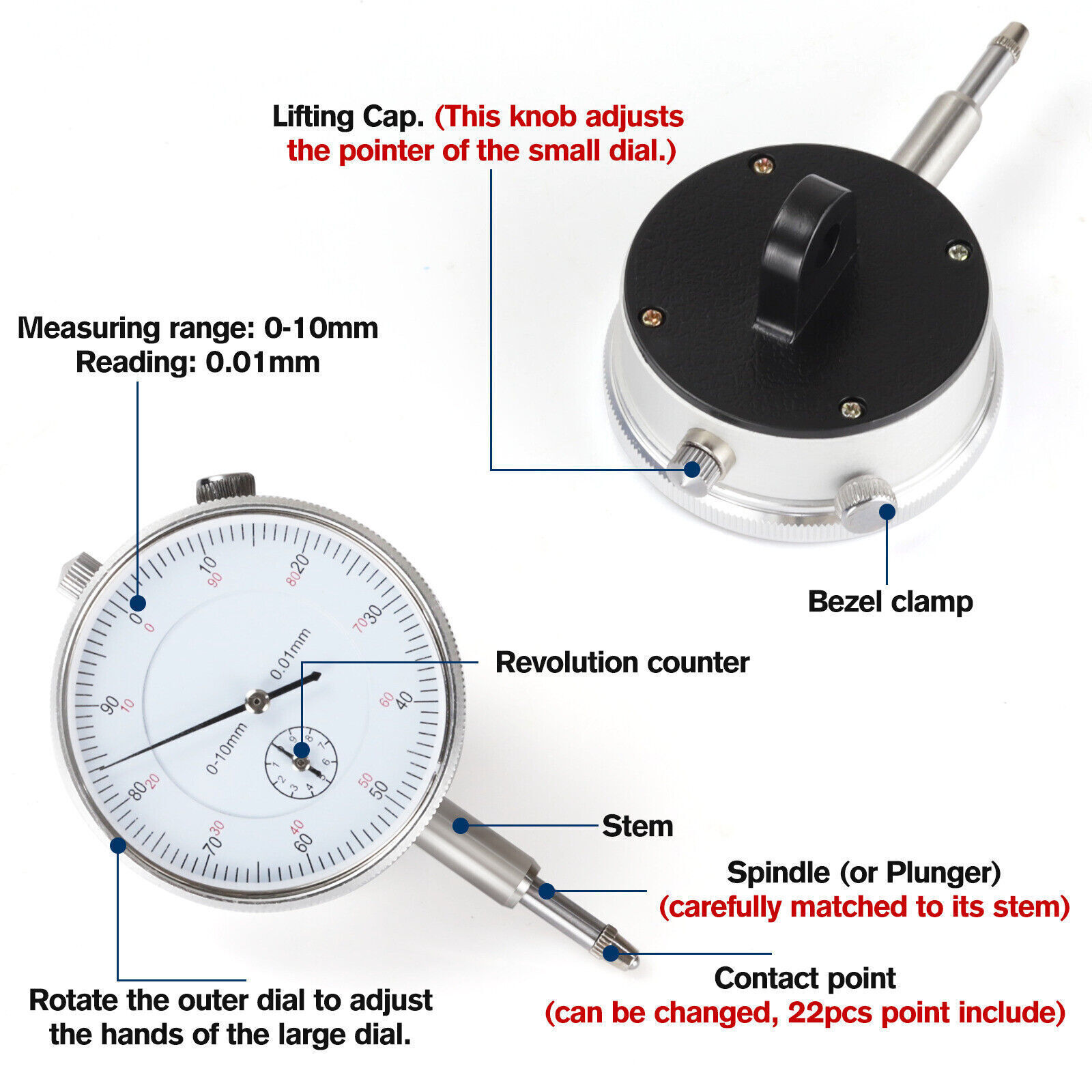 Dial Indicator with Magnetic Base 0.001″Precision Gauge Test Indicator Point Set