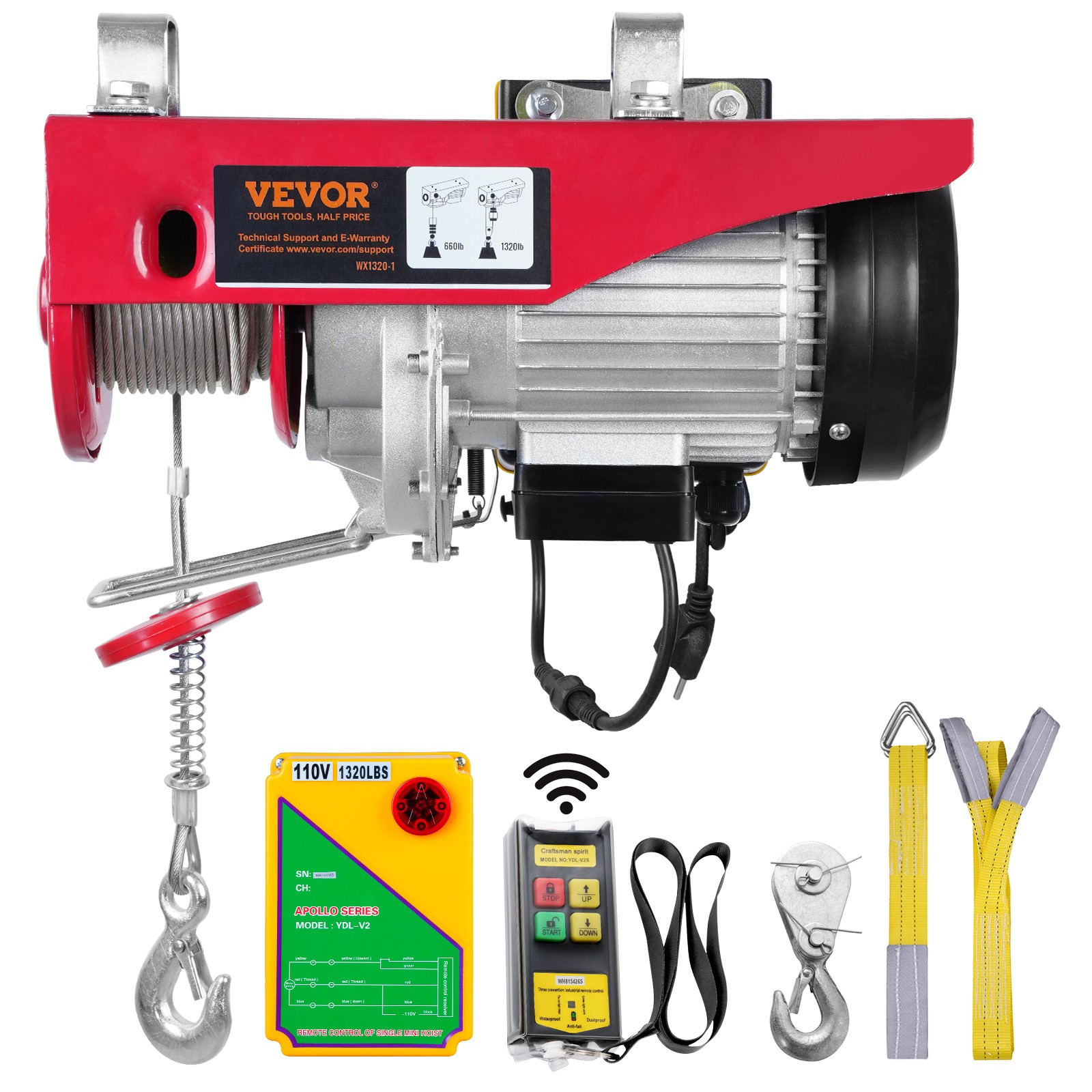 VEVOR Electric Hoist 1320lbs Crane Winch with Wireless Remote Control 1150W 110V