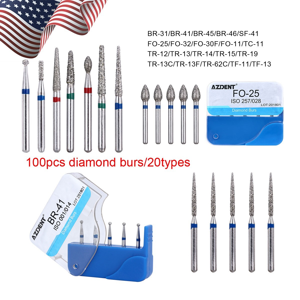 AZDENT Dental Diamond Burs For High Speed Handpiece Medium FG 1.6MM 20 Boxes
