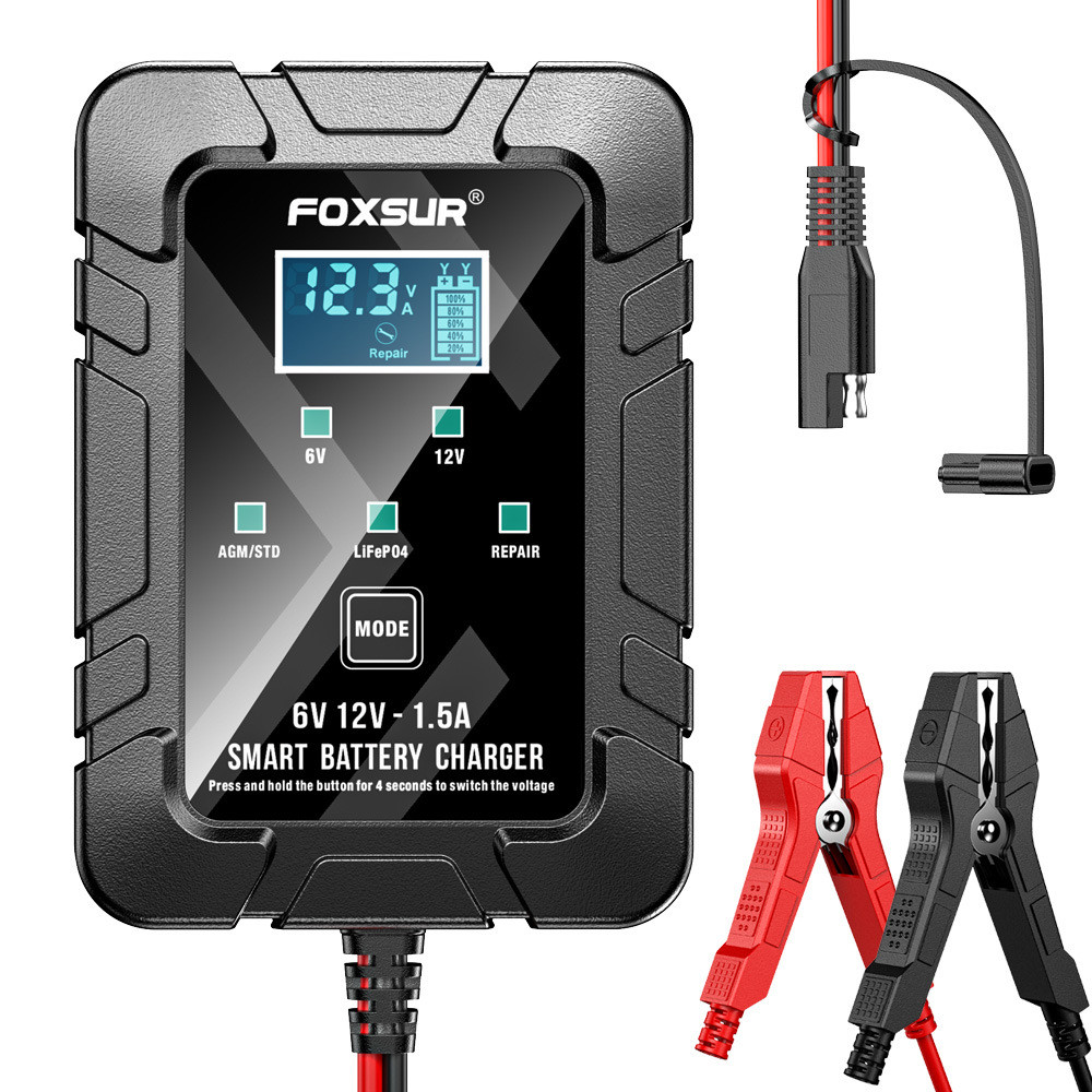 FOXSUR 1.5A 6V/12V Battery Charger Maintainer for Car Motorcycle AGM