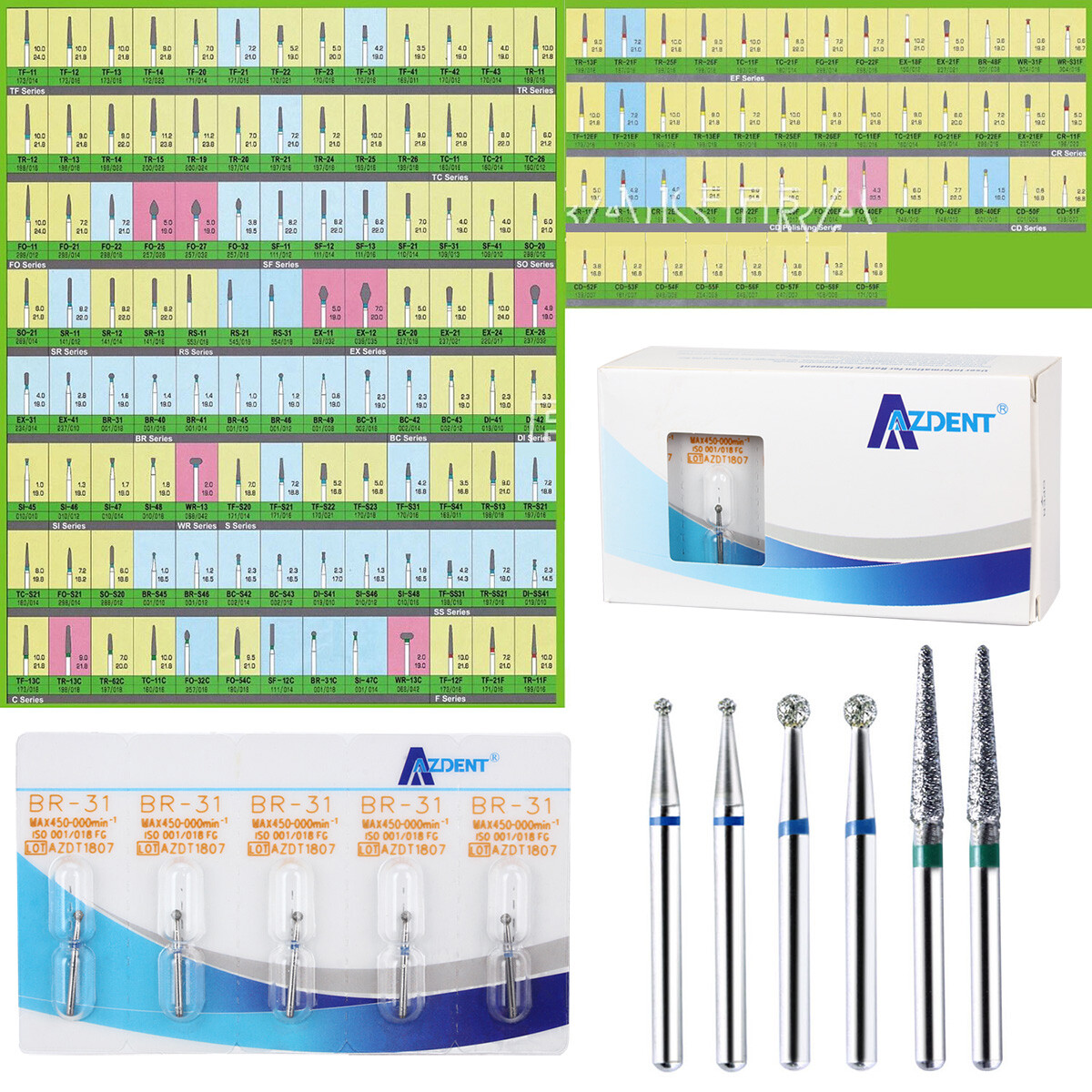 100 Models AZDENT Dental Diamond FG Burs for High Speed Handpiece Friction Grip